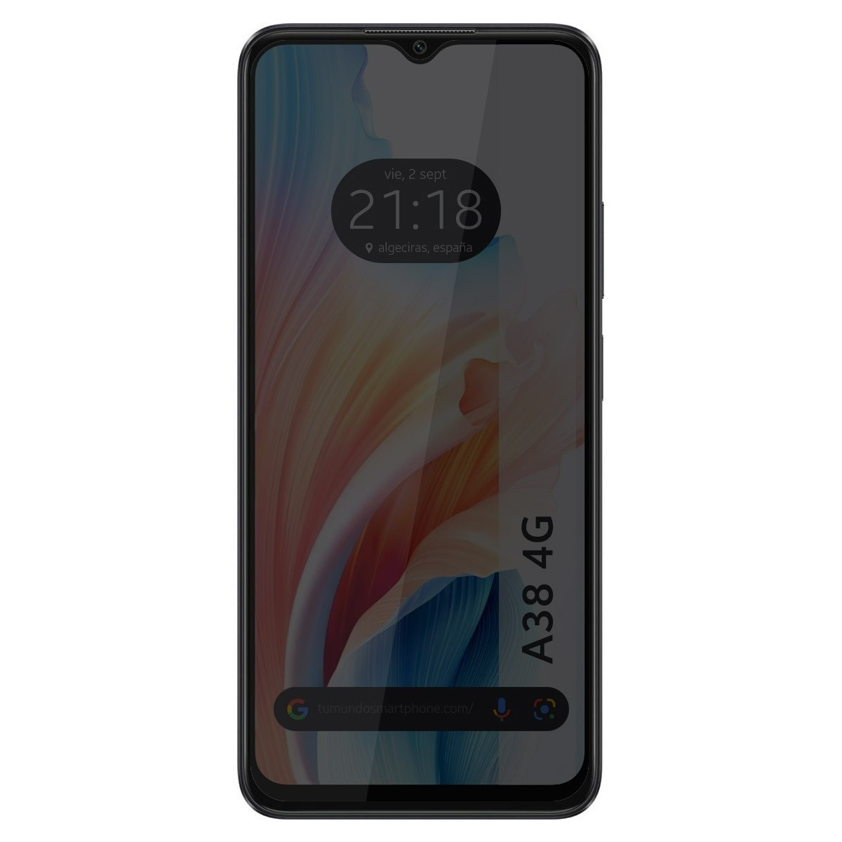 Telefono nero con ora e posizione sullo schermo, A38 4G visibile.