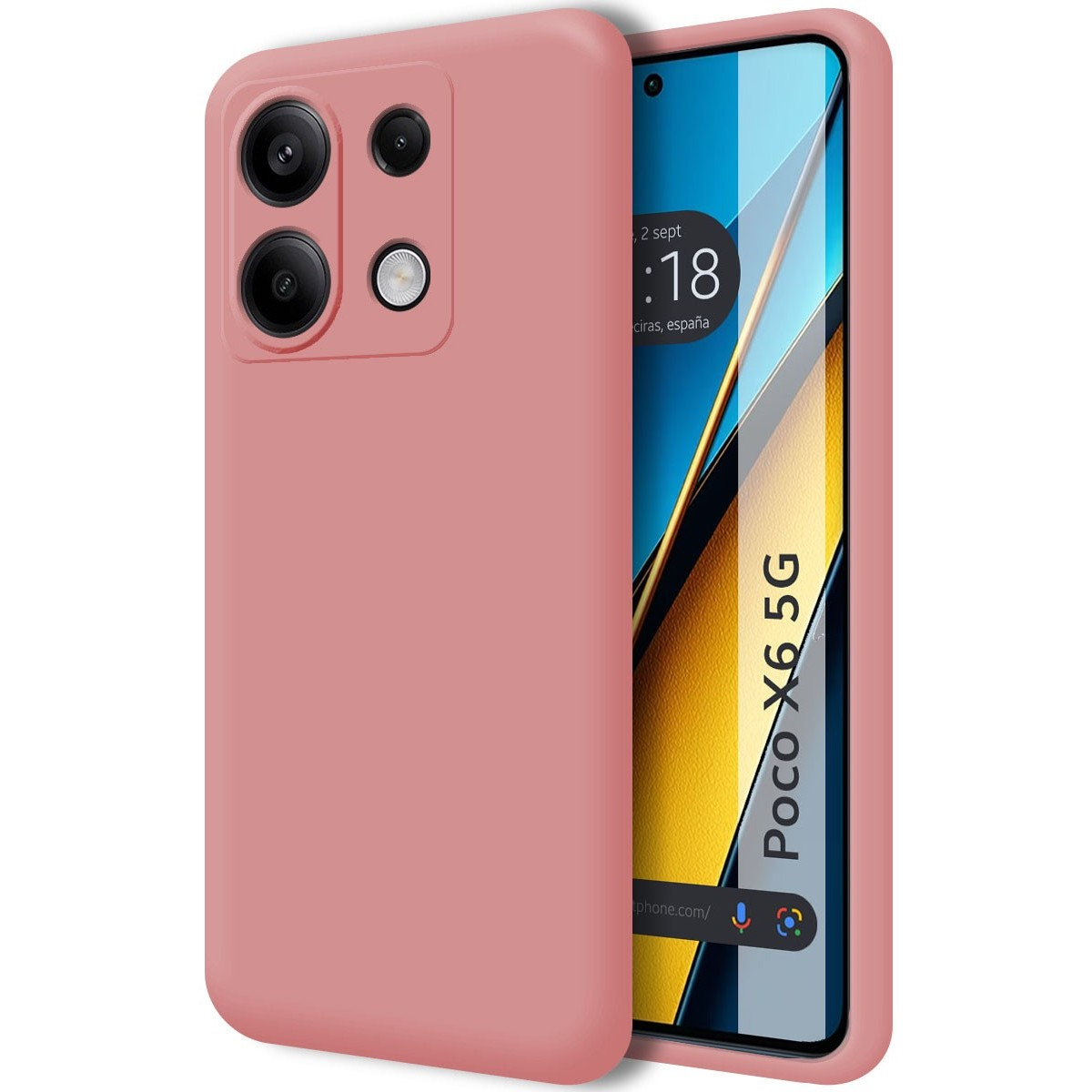 Custodia del telefono di colore rosa e display del telefono.