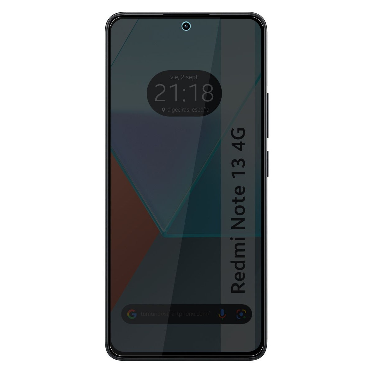 Telefono nero che mostra ora e data con etichetta Redmi Note 13 4G a destra.