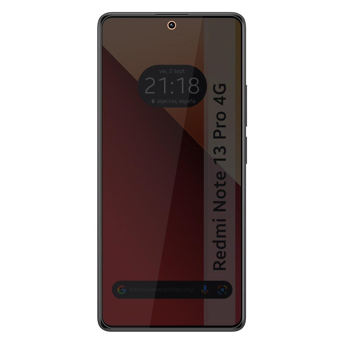 Telefono nero con schermo che mostra ora e data. Etichetta 'Redmi Note 13 Pro 4G'.