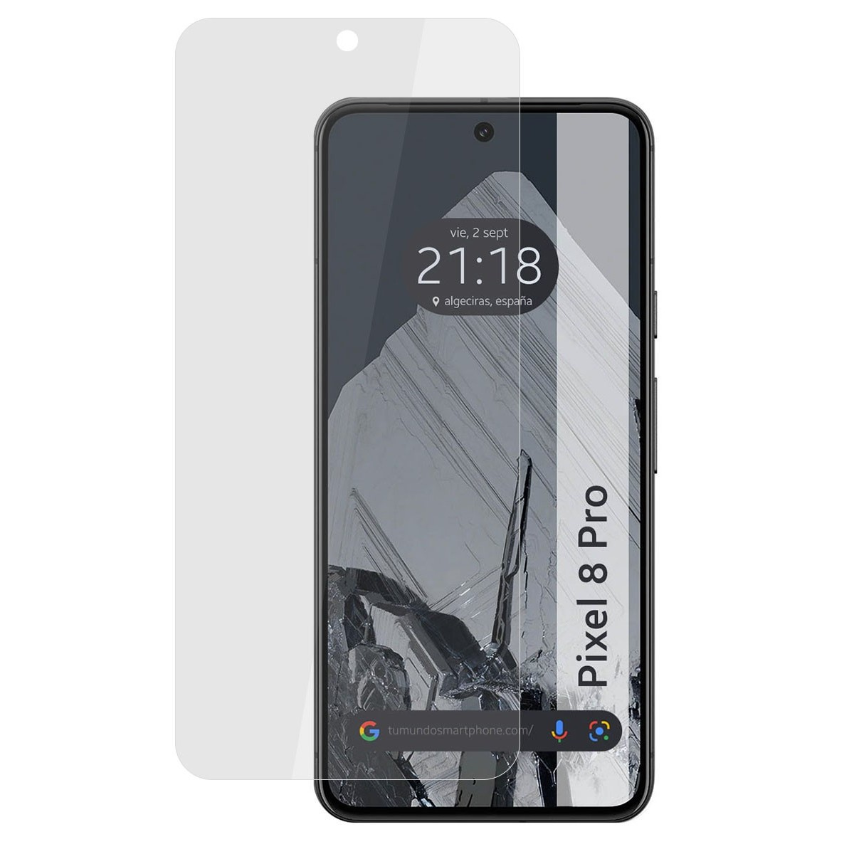 Telefono nero con testo Pixel 8 Pro, proteggi schermo a sinistra.