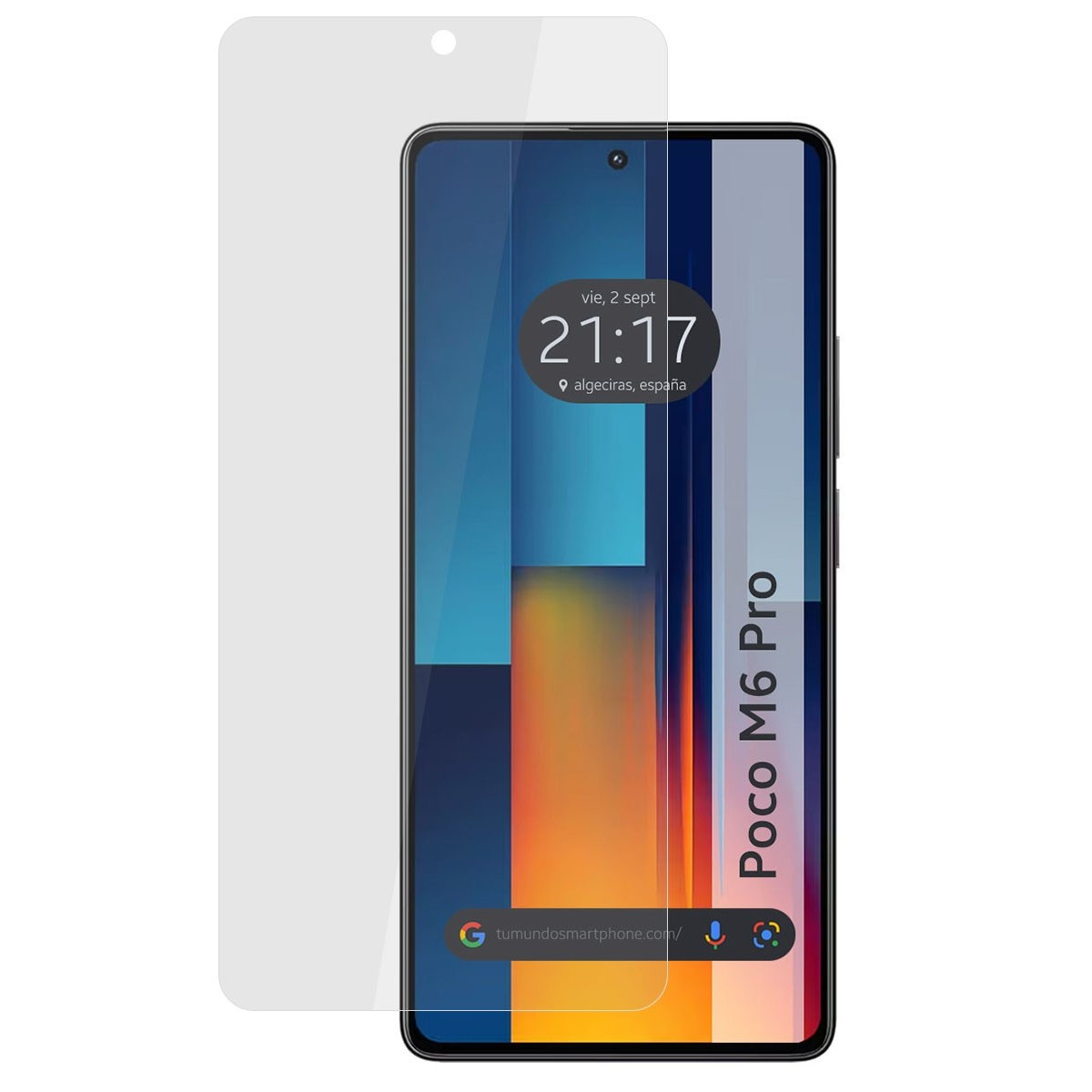 Pellicola protettiva per schermo accanto a un telefono. Lo schermo mostra l'ora e il luogo. Modello: Poco M6 Pro.
