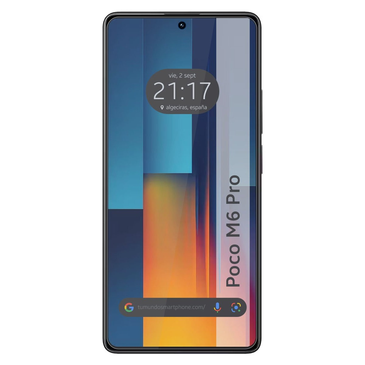 Telefono con display che mostra ora, data e posizione. Il telefono ha il testo 'Poco M6 Pro' sul lato.