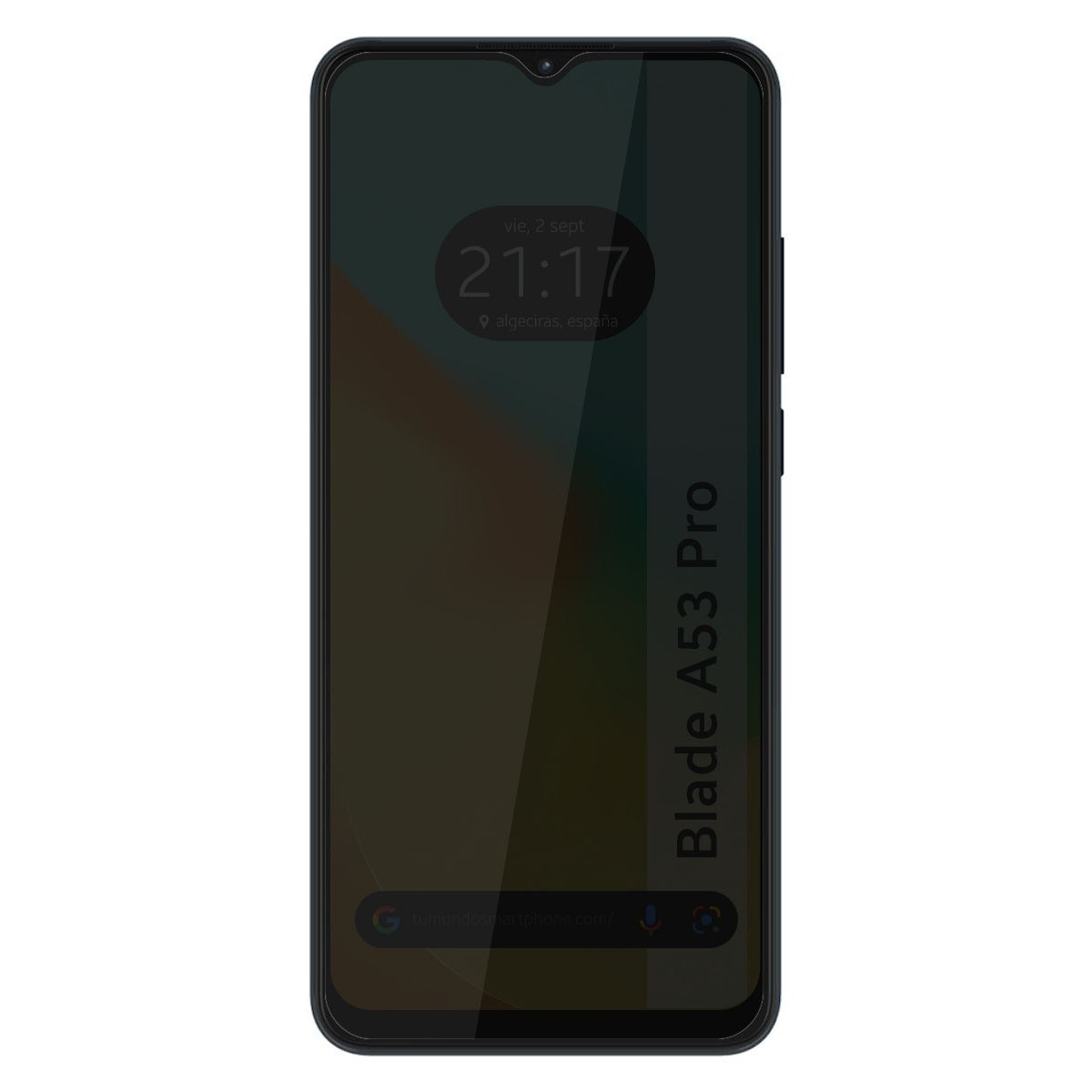 Schermo del telefono che mostra data e ora, in una custodia blu scuro.
