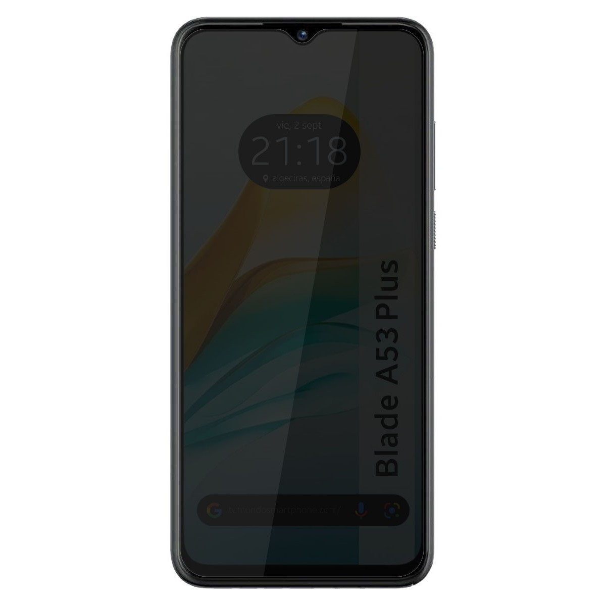 Lo schermo dello smartphone è scuro con ora e data. Il modello del telefono è Blade A53 Plus.