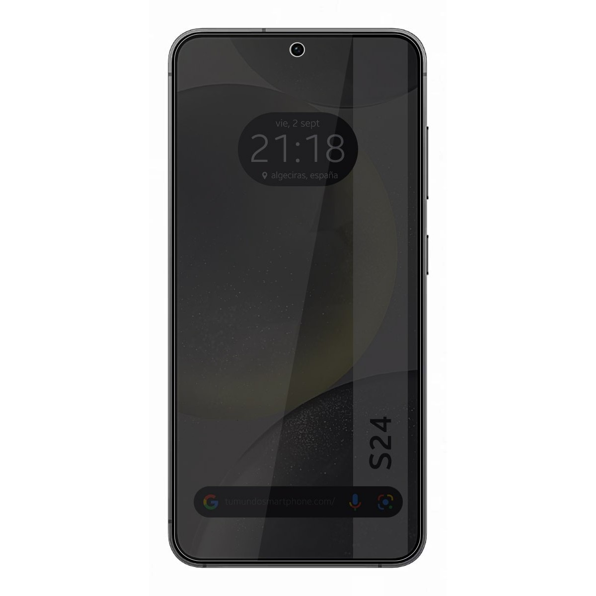 Uno schermo del telefono con uno sfondo scuro che mostra l'ora e la posizione.