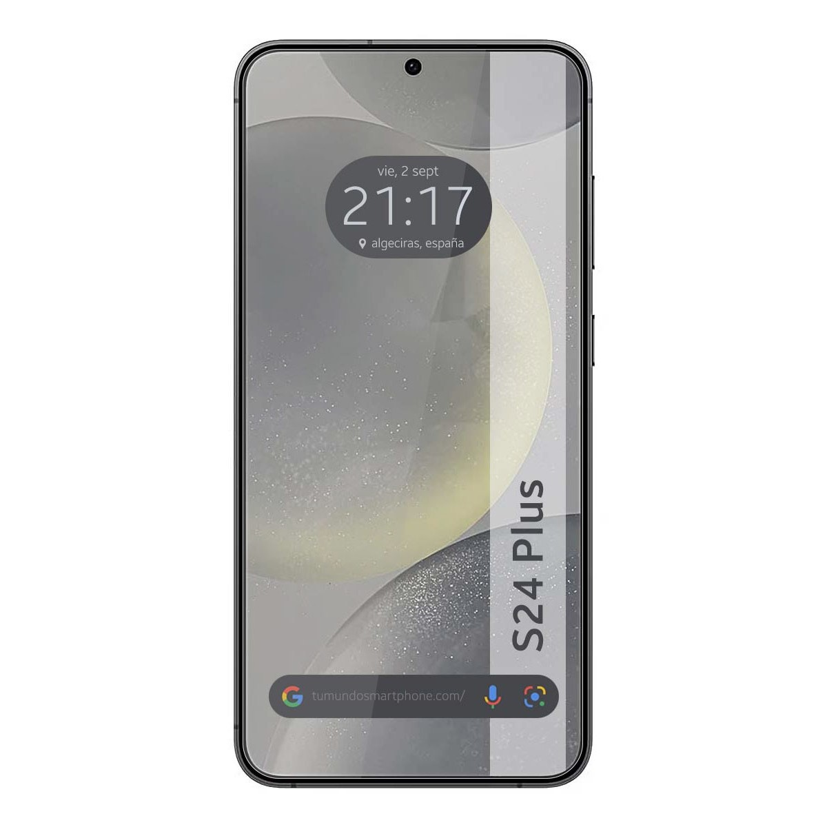 Telefono con protezione schermo. Ora e posizione mostrate sullo schermo.