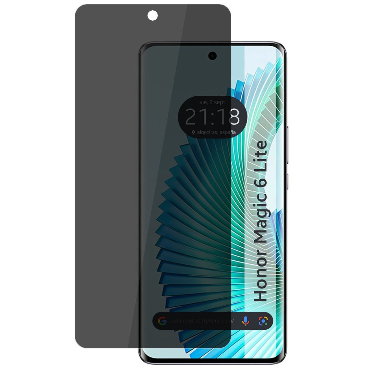 Un telefono con una protezione per lo schermo. Lo schermo mostra l'ora e uno sfondo blu sfocato.