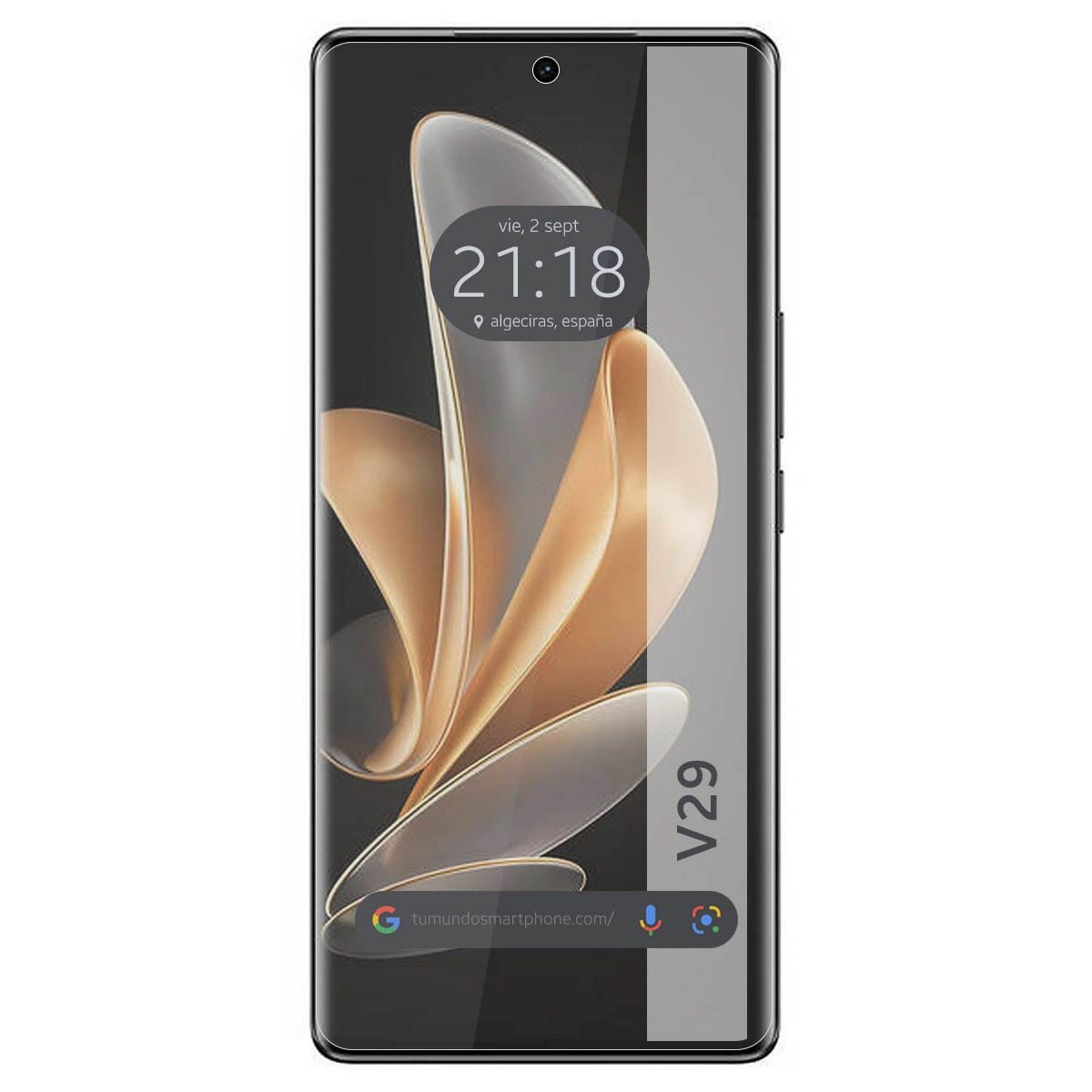 Telefono con protezione schermo. Mostra l'ora. Colori bianco e marrone. Testo V29.