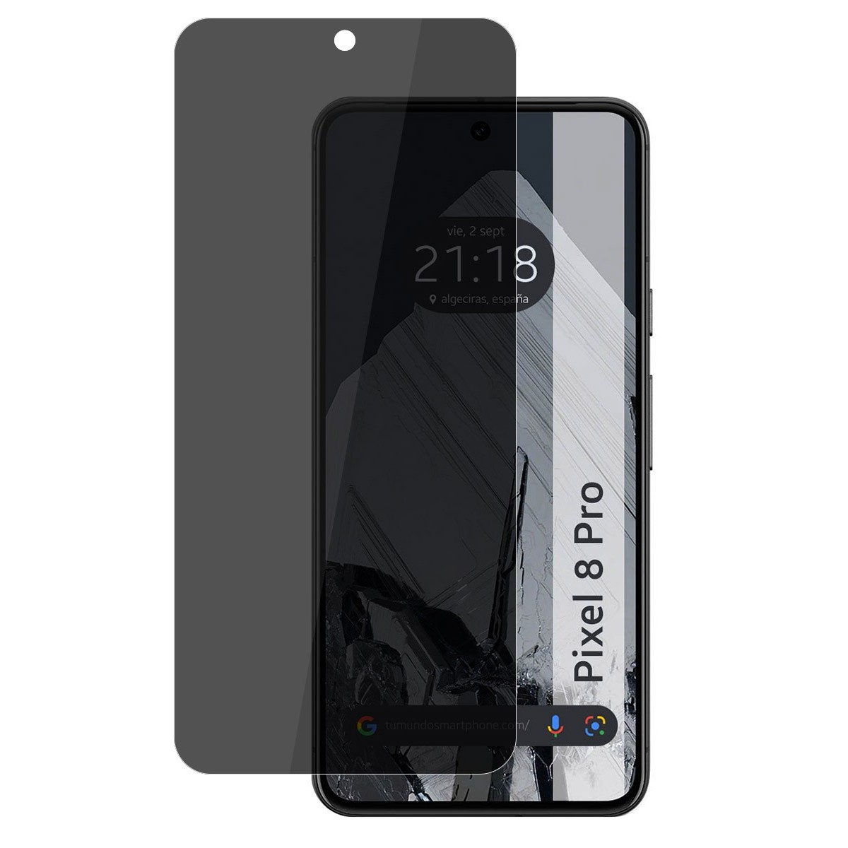 Telefono Pixel 8 Pro con protezione schermo. Lo schermo mostra ora e posizione.
