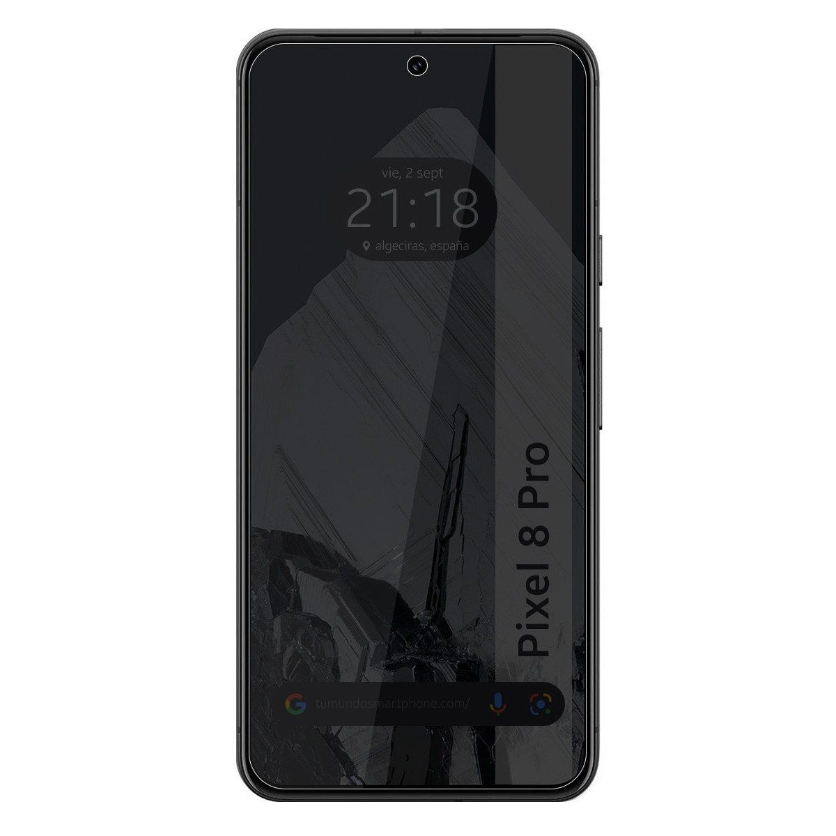 Un telefono nero con uno schermo che mostra l'ora e il luogo, con le parole Pixel 8 Pro.
