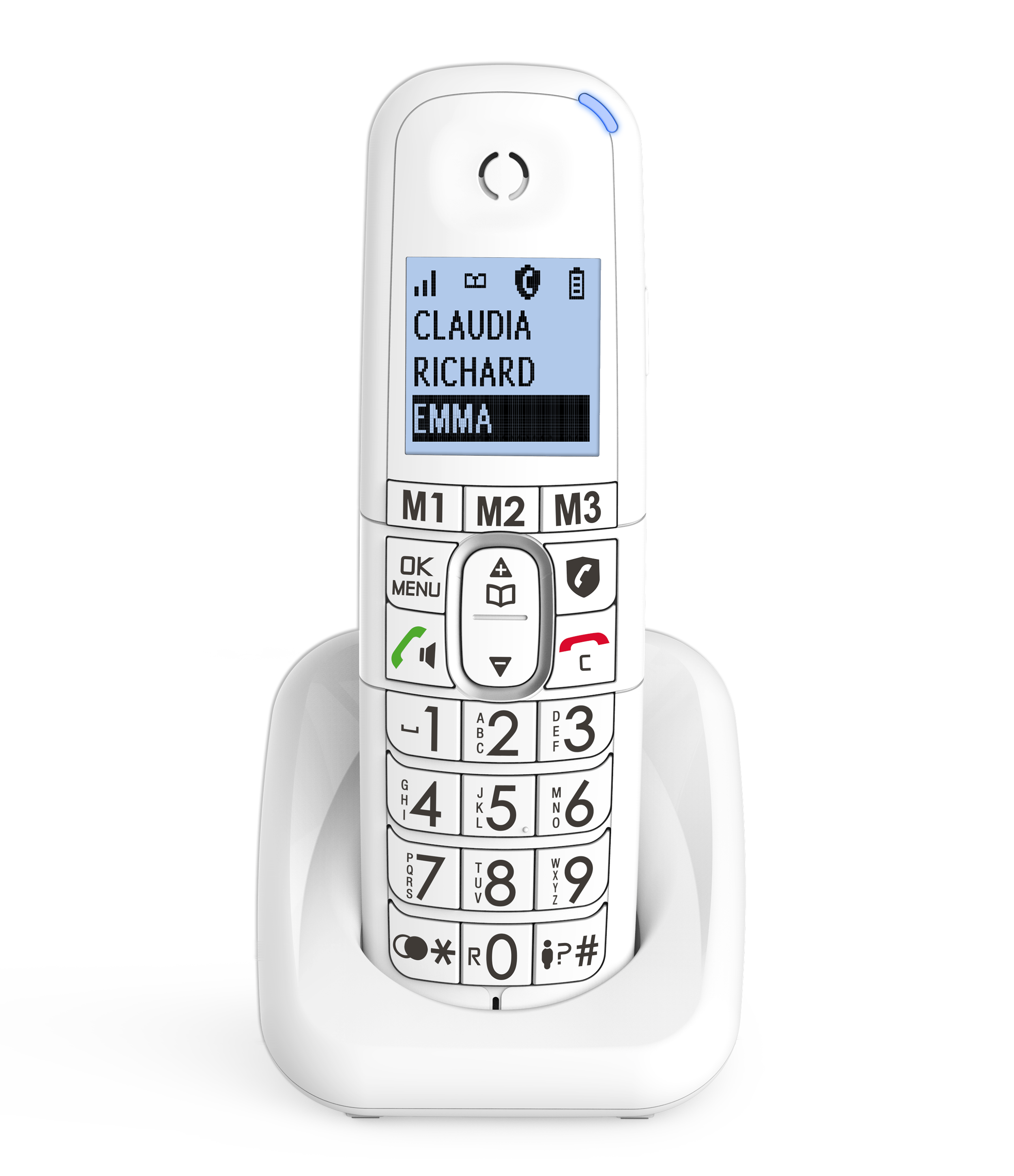 Witte draadloze telefoon op zijn basis. Het scherm toont namen en pictogrammen.