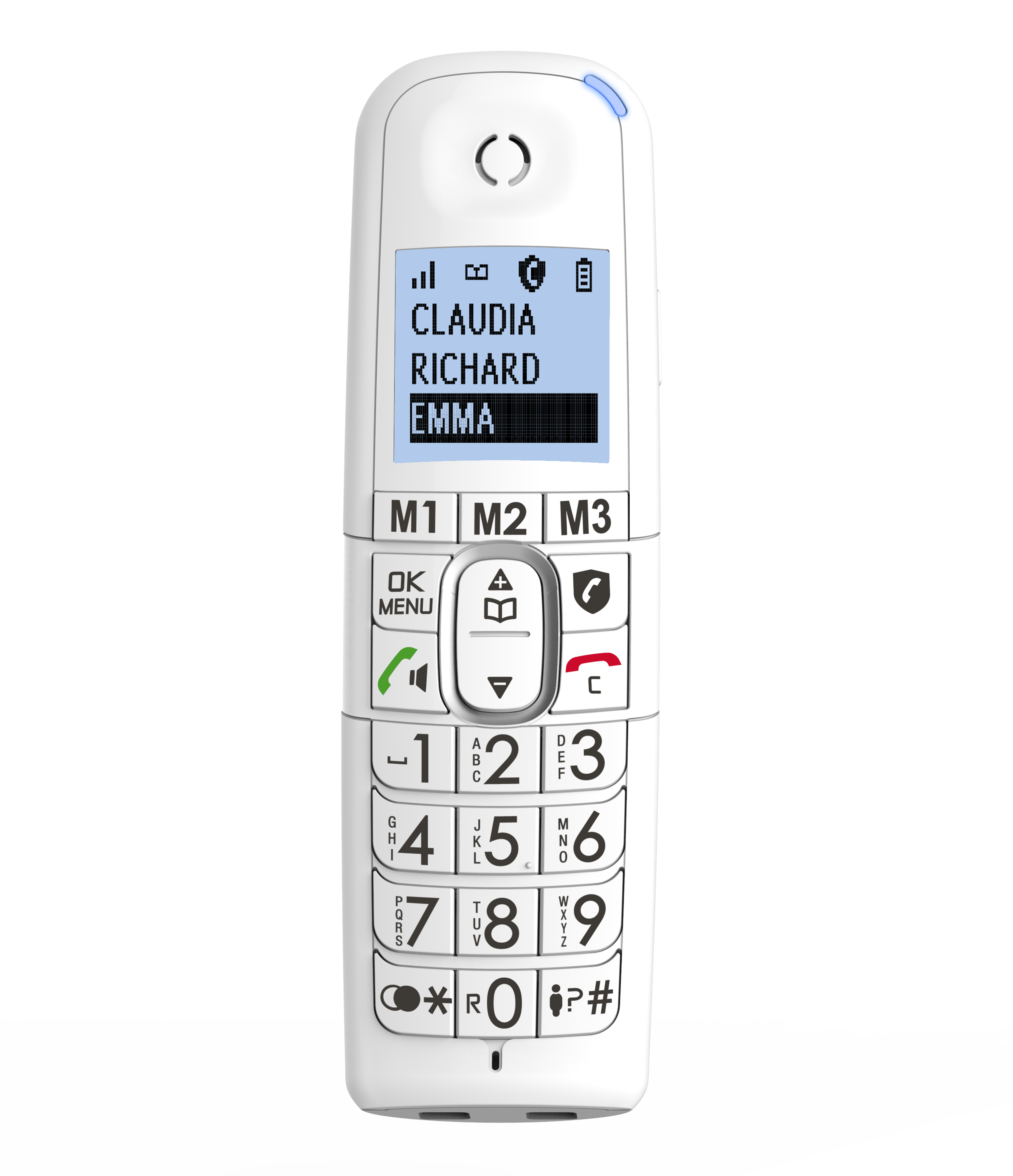 Witte draadloze telefoon met een scherm met contactnamen en knoppen. Op witte achtergrond.
