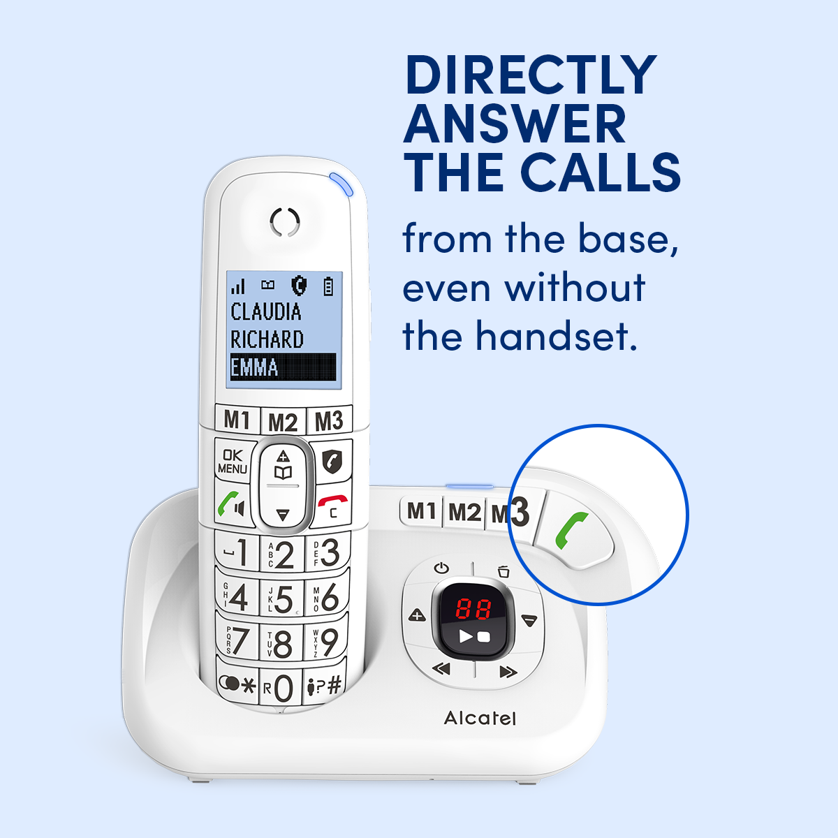 Witte draadloze telefoonbasis met display, bellerinfo en antwoordknop.