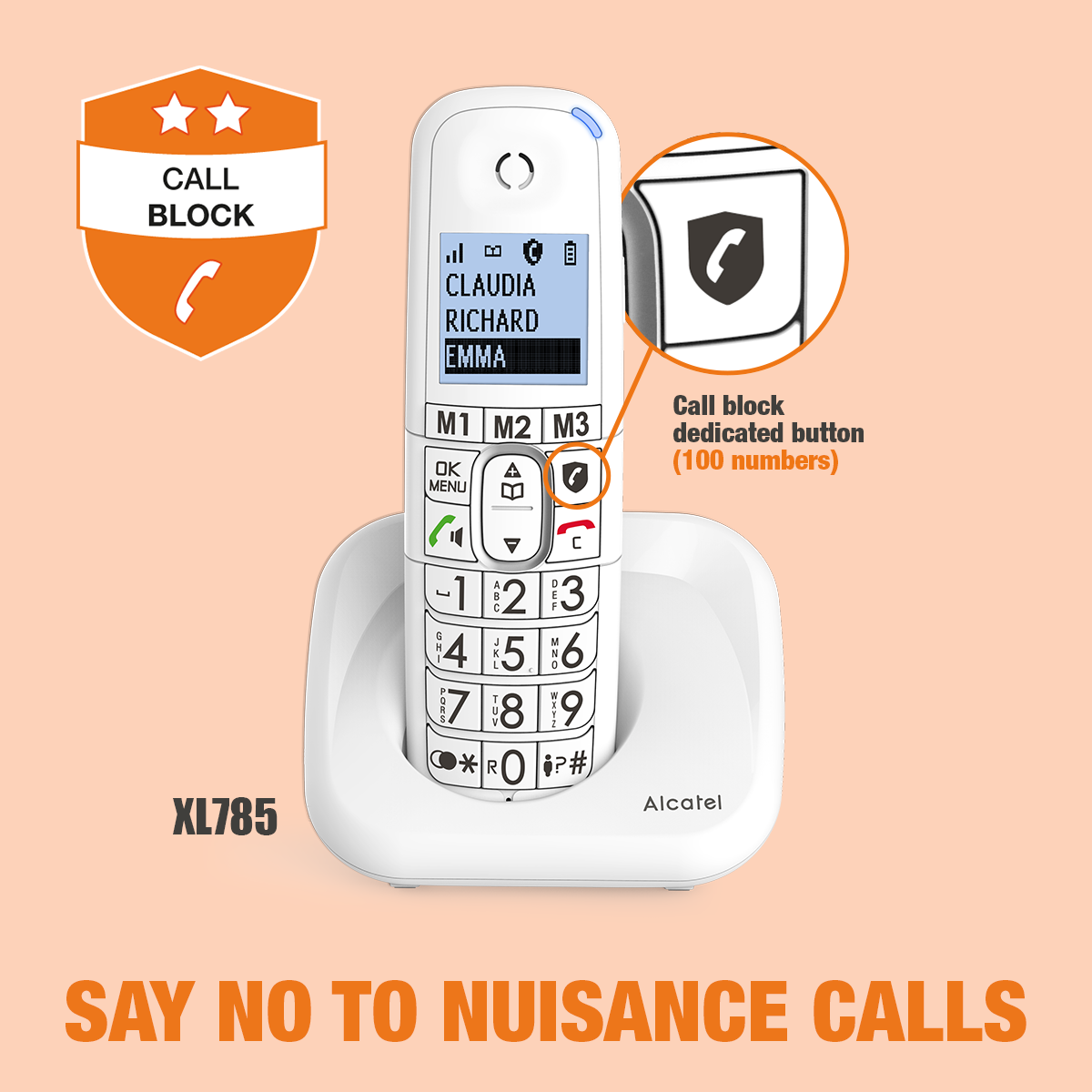 Een witte Alcatel telefoon op een basis. Toont contactinformatie. Er is een oproepblokkeerknop.