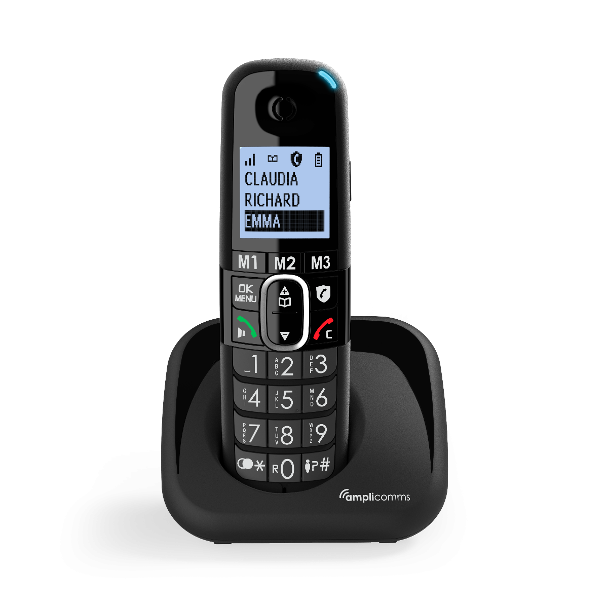 Zwarte draadloze telefoon op de oplader, met een display met contacten.