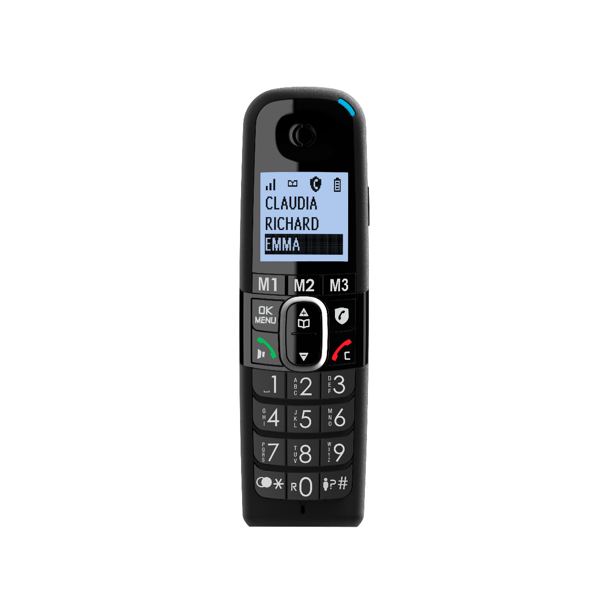 Telefono cordless nero con uno schermo che mostra nomi e numeri di contatto.