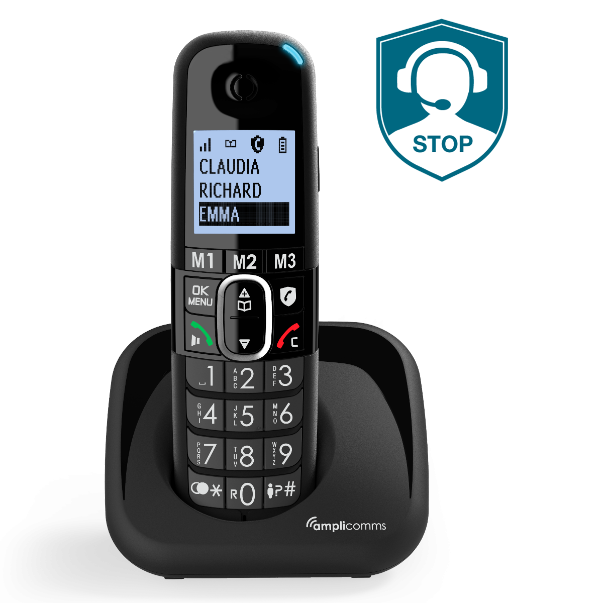 Een zwarte Ampli-comm telefoon met een basis, met een scherm en knoppen.