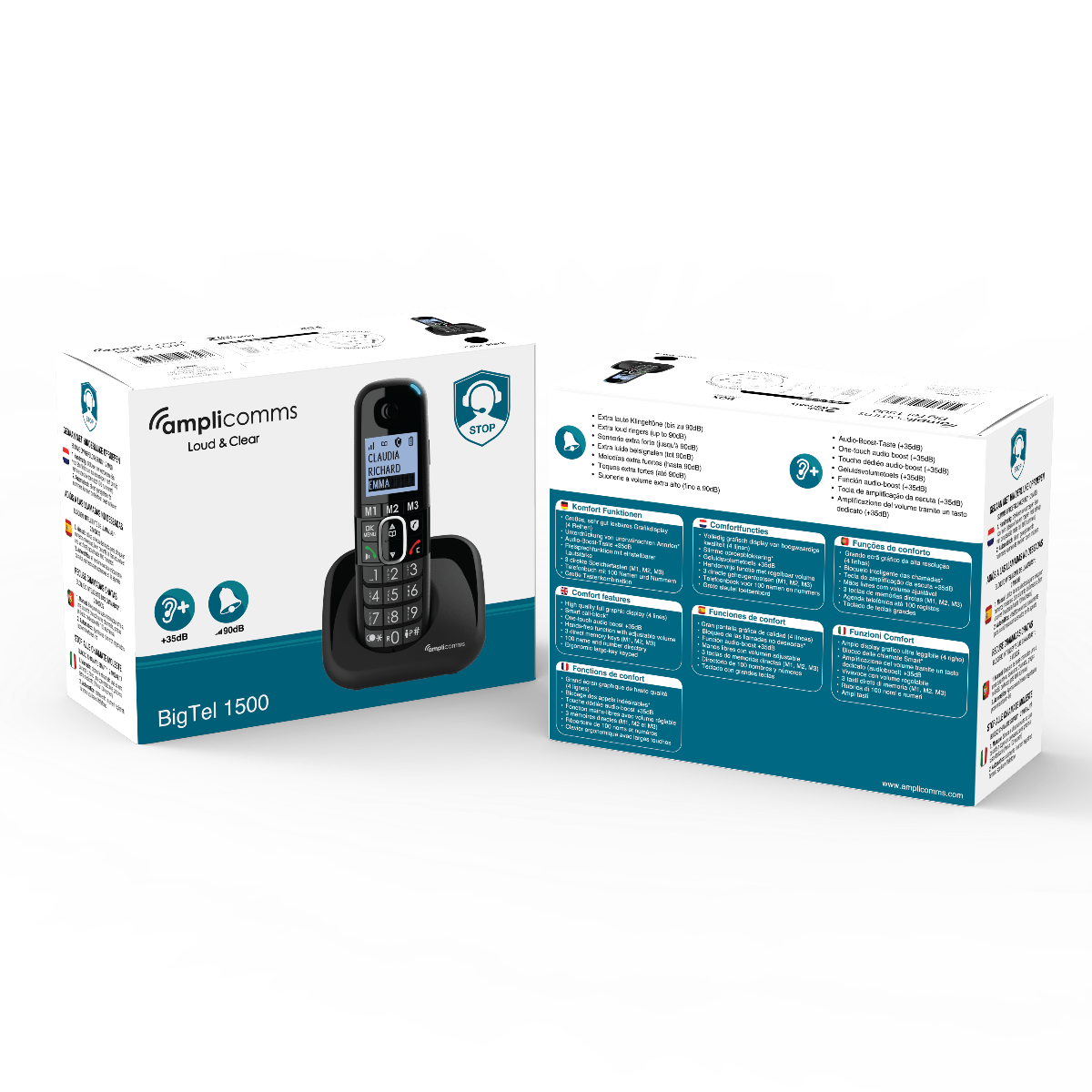 Twee dozen van een Big Tel 1500 versterkte telefoon, met tekst over functies en kenmerken.