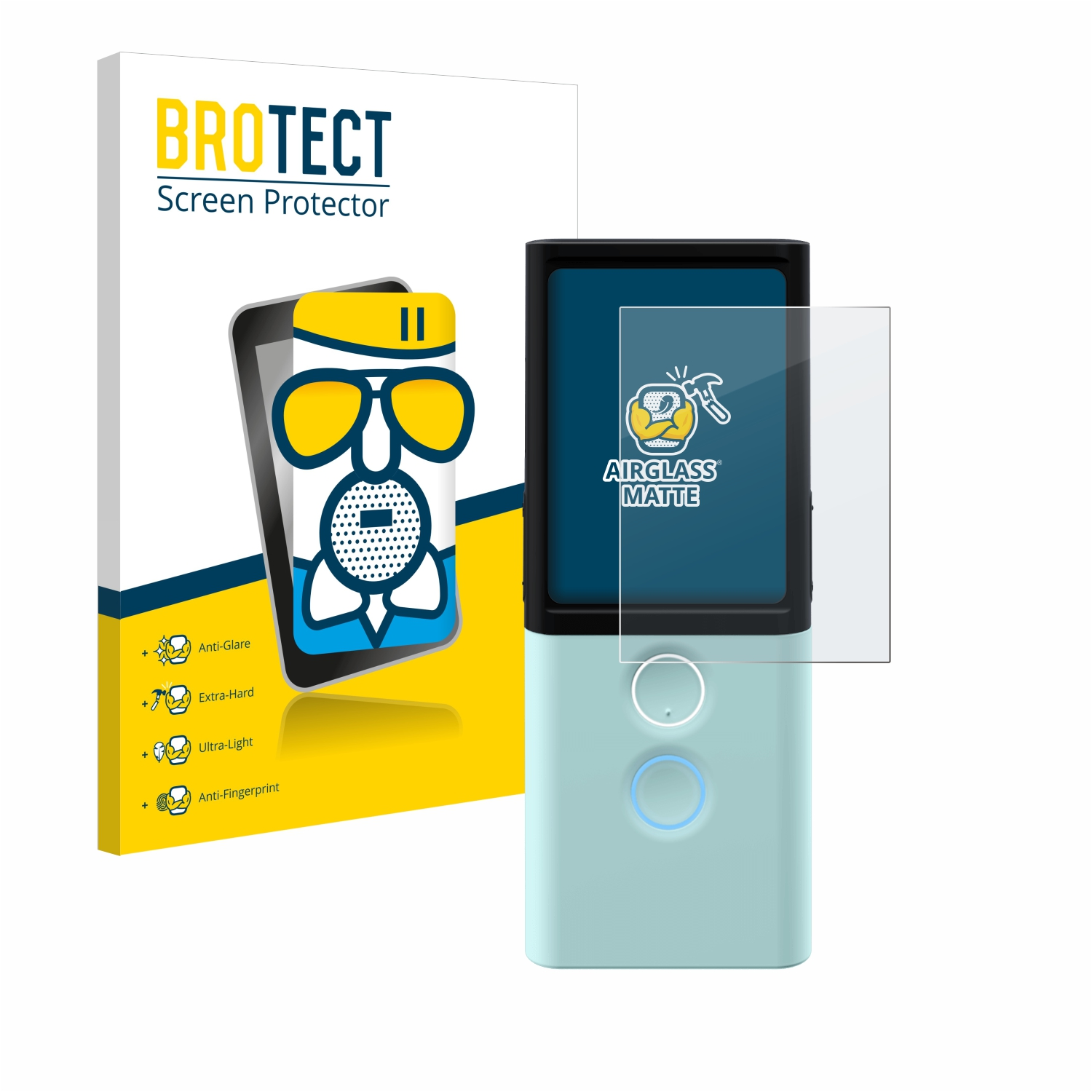Blaues Gerät mit Displayschutz und einer Box mit Grafik eines Telefons und Sonnenbrille.