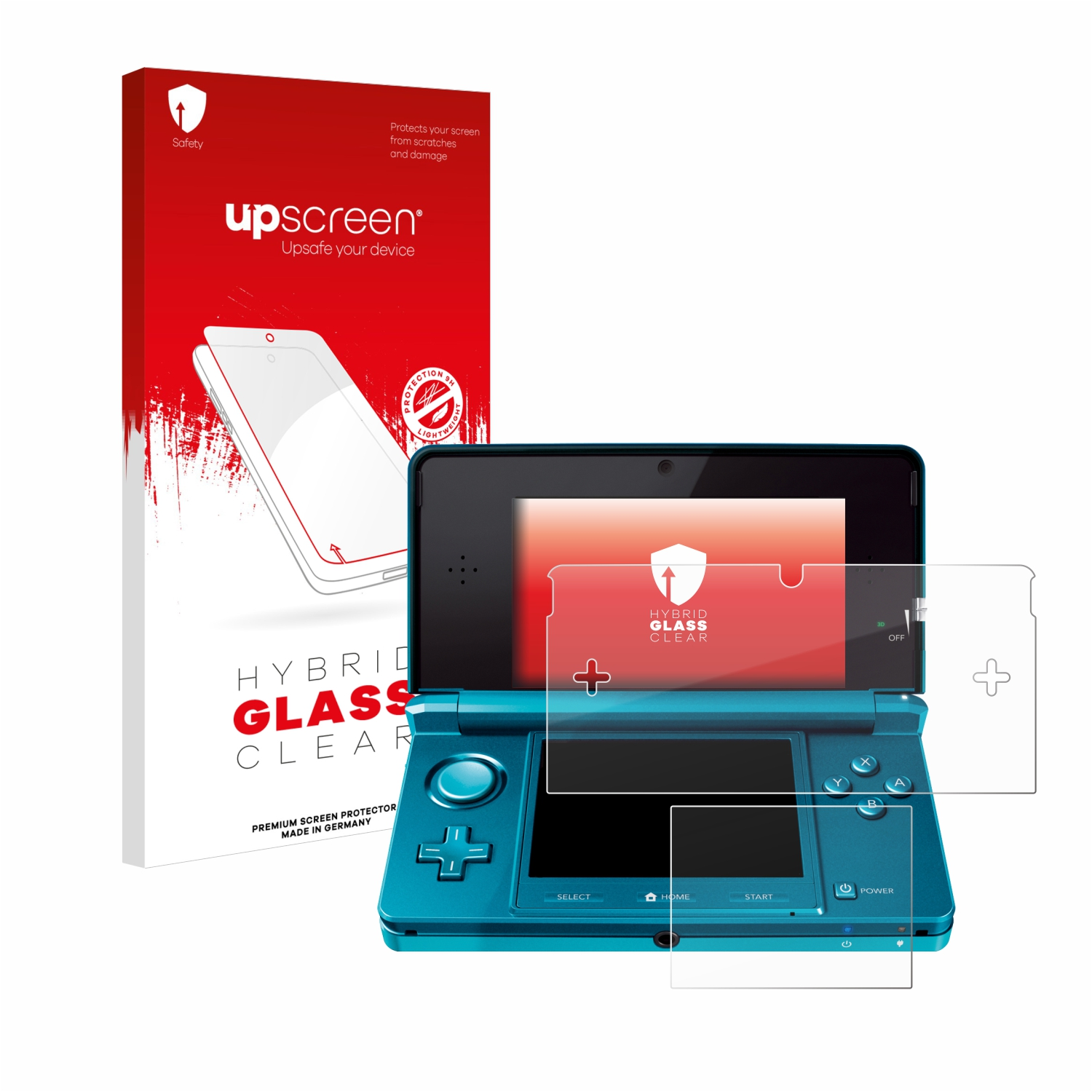 Türkis Nintendo 3DS mit Displayschutzfolien und einer Box. Der Bildschirm zeigt ein Spiel. Konsole hat Tasten.