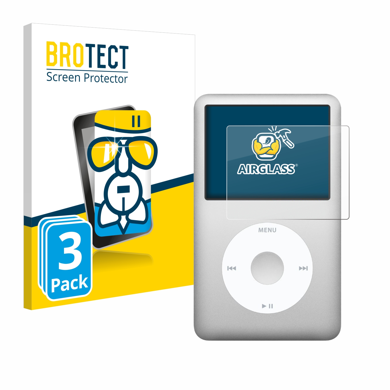 Silberner iPod mit Displayschutzfolie und gelb-weißer Box.