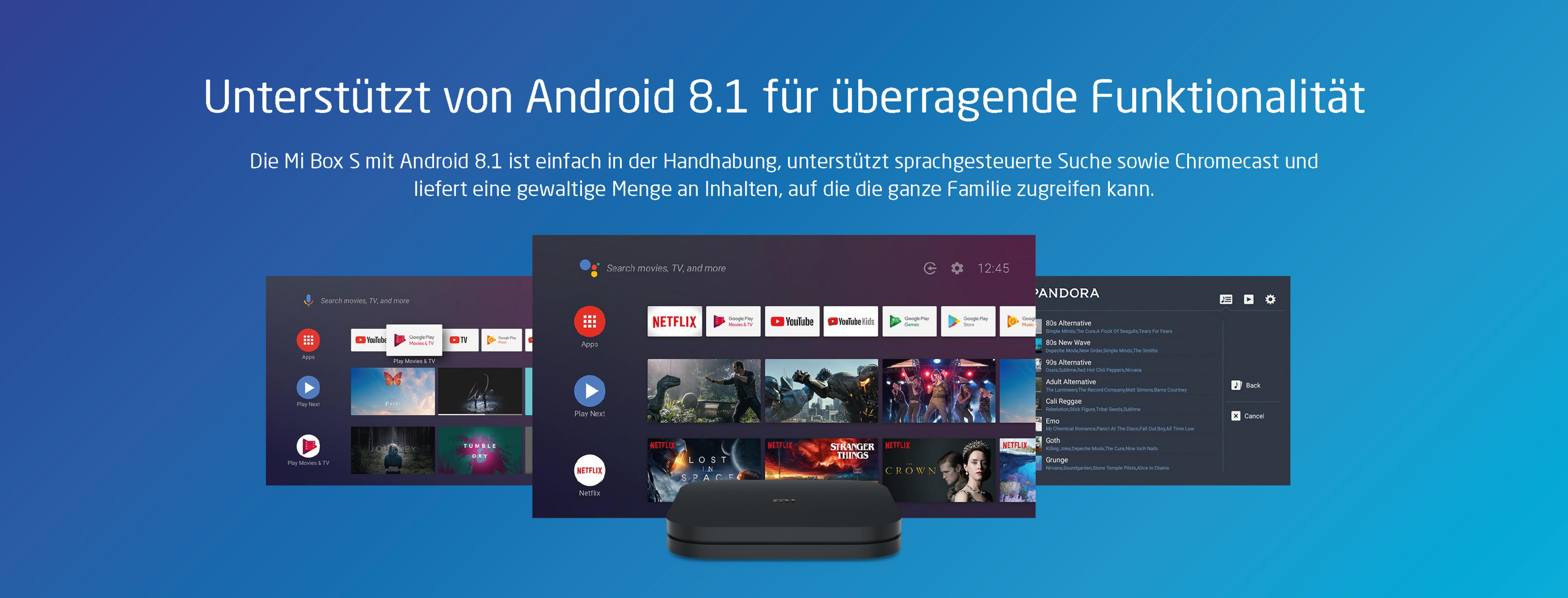 Schwarze TV-Box mit App-Anzeigen. Text oben: Unterstützt von Android 8.1.