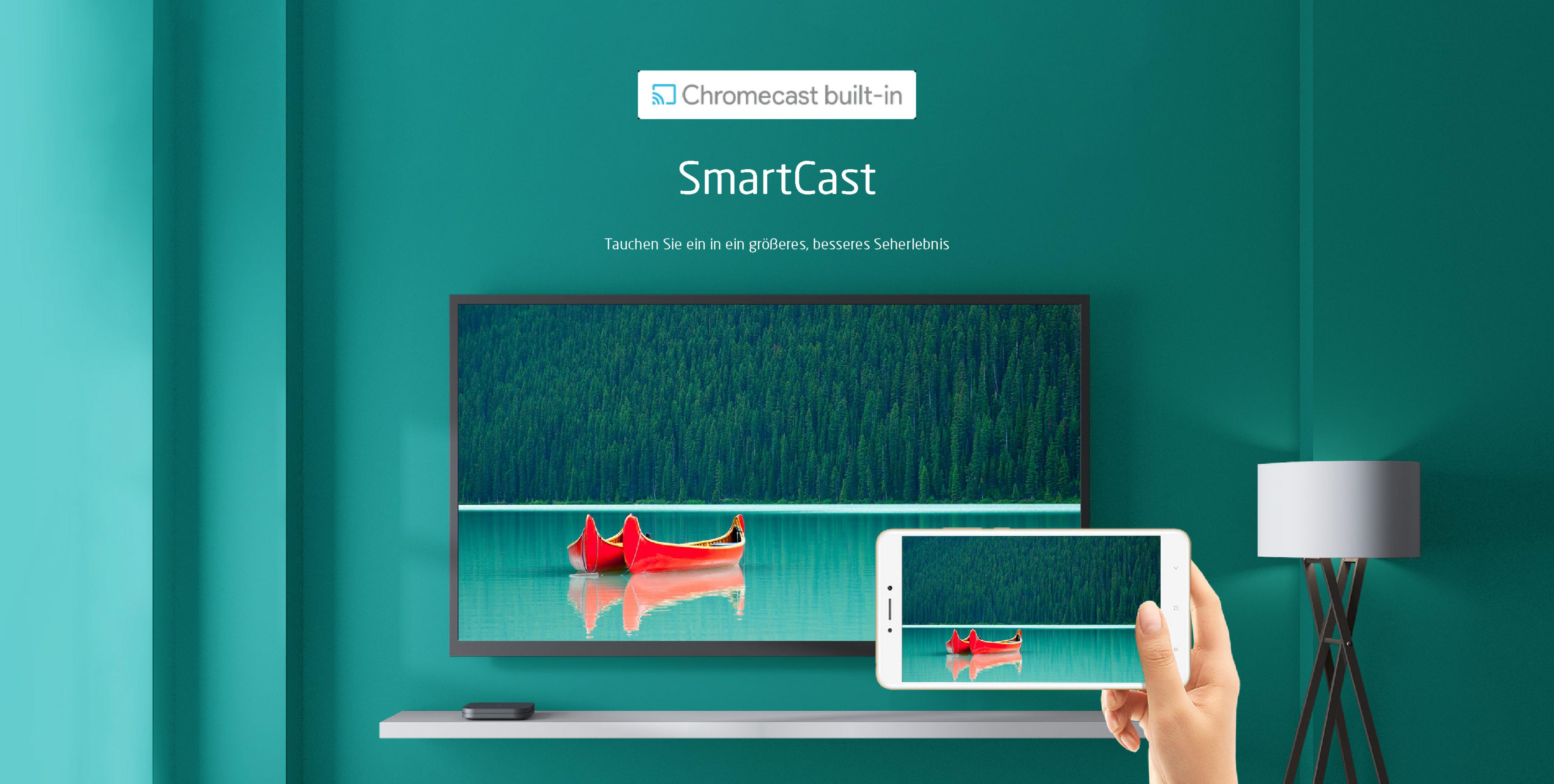 Ein Raum mit einem Smart-TV und einem Smartphone, das das Display des Fernsehers spiegelt.