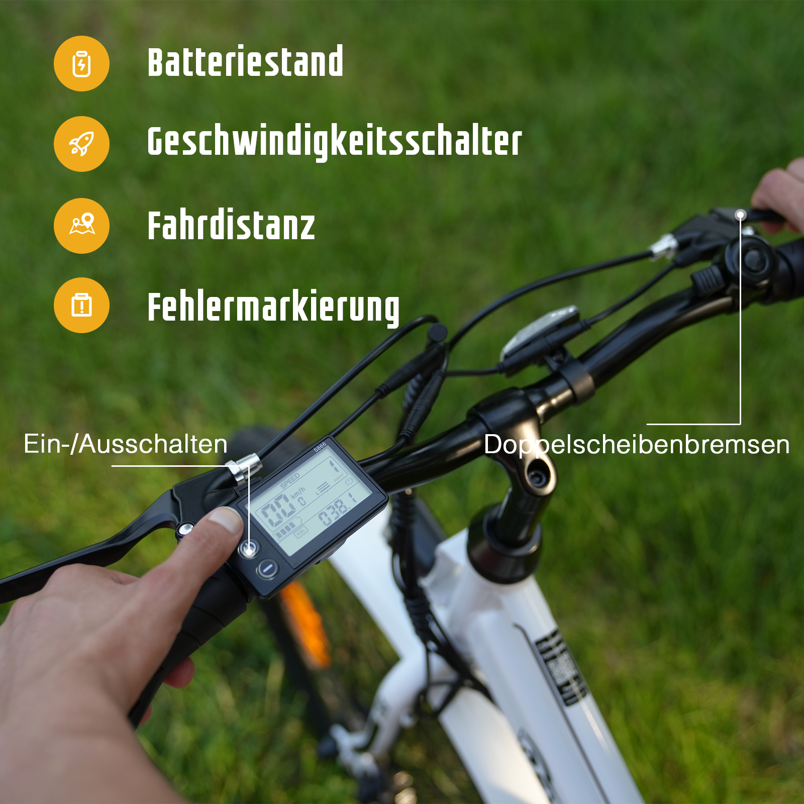Nahaufnahme eines E-Bike-Lenkers mit Display und Bedienelementen. Textbezeichnungen sind auf Deutsch.