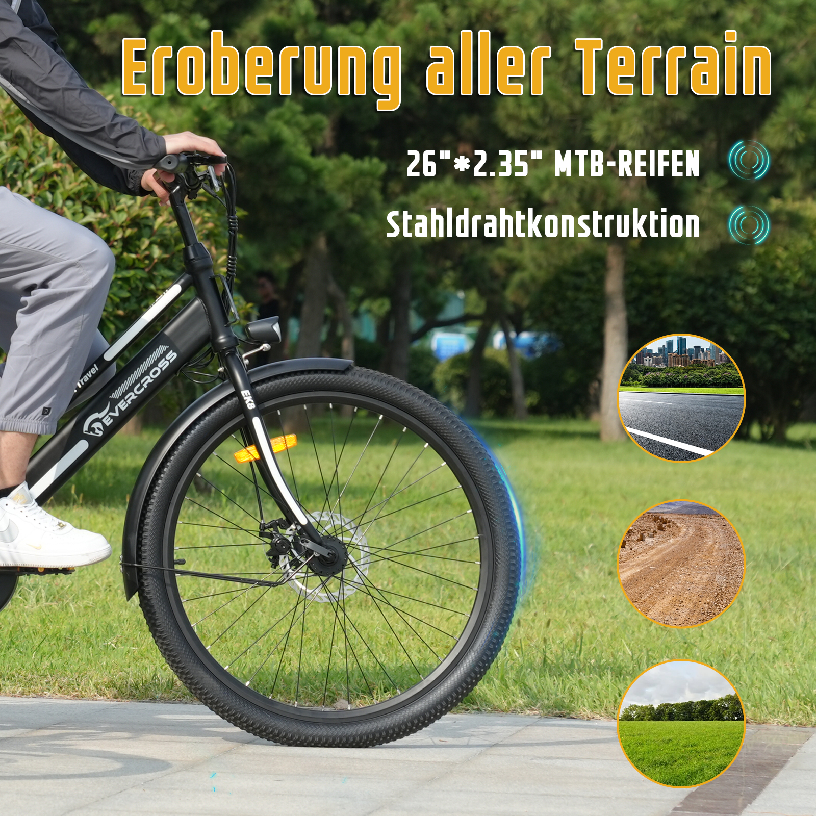 Mann auf einem Fahrrad auf einem Pfad, mit inset-Bildern, die Geländearten zeigen: Gras, Straße und Schmutz.