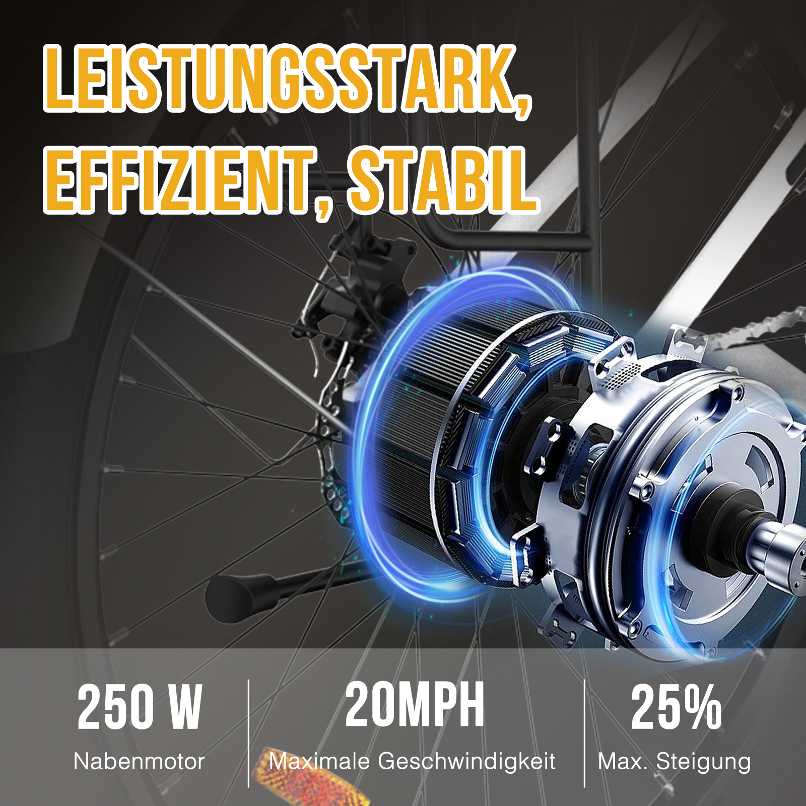 Elektromotor-Detail. Text: 250W, 20MPH, 25%. Blauer Neon-Effekt. Fahrradteile.