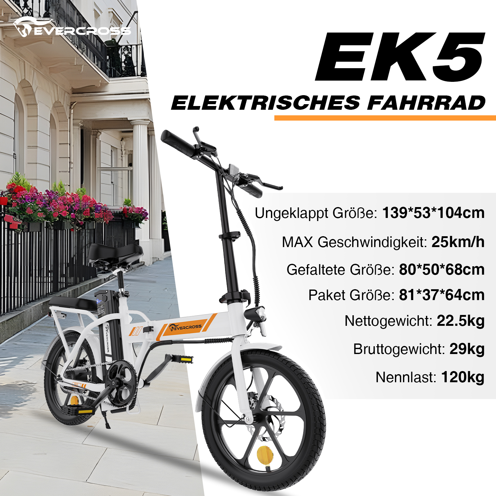 Weißes Elektrofahrrad mit schwarzen Reifen und orangefarbenen Akzenten. Text mit Abmessungen rechts.