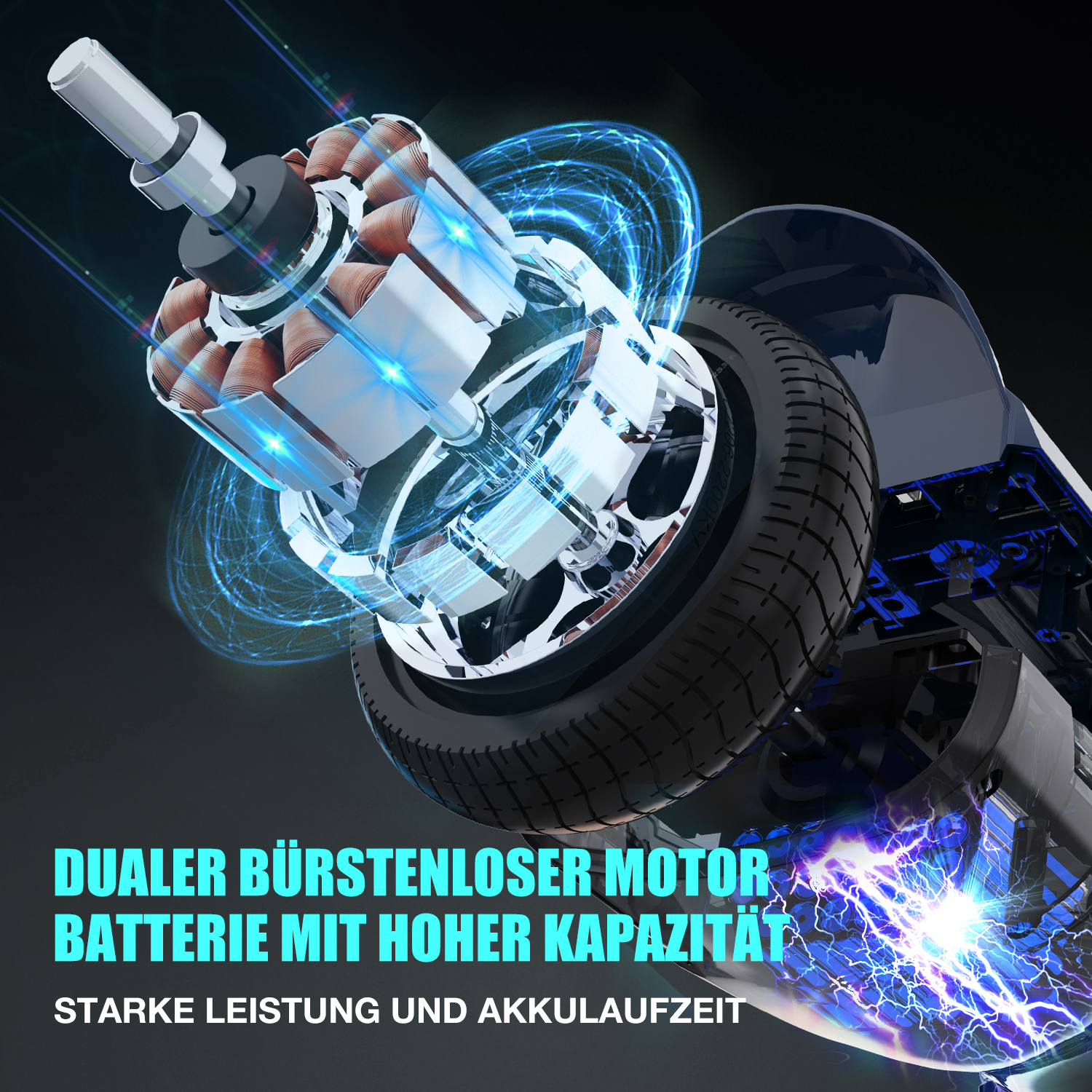 Nahaufnahme eines dualen bürstenlosen Motors, Akkus und Rads. Text: starke Leistung und Akkulaufzeit.
