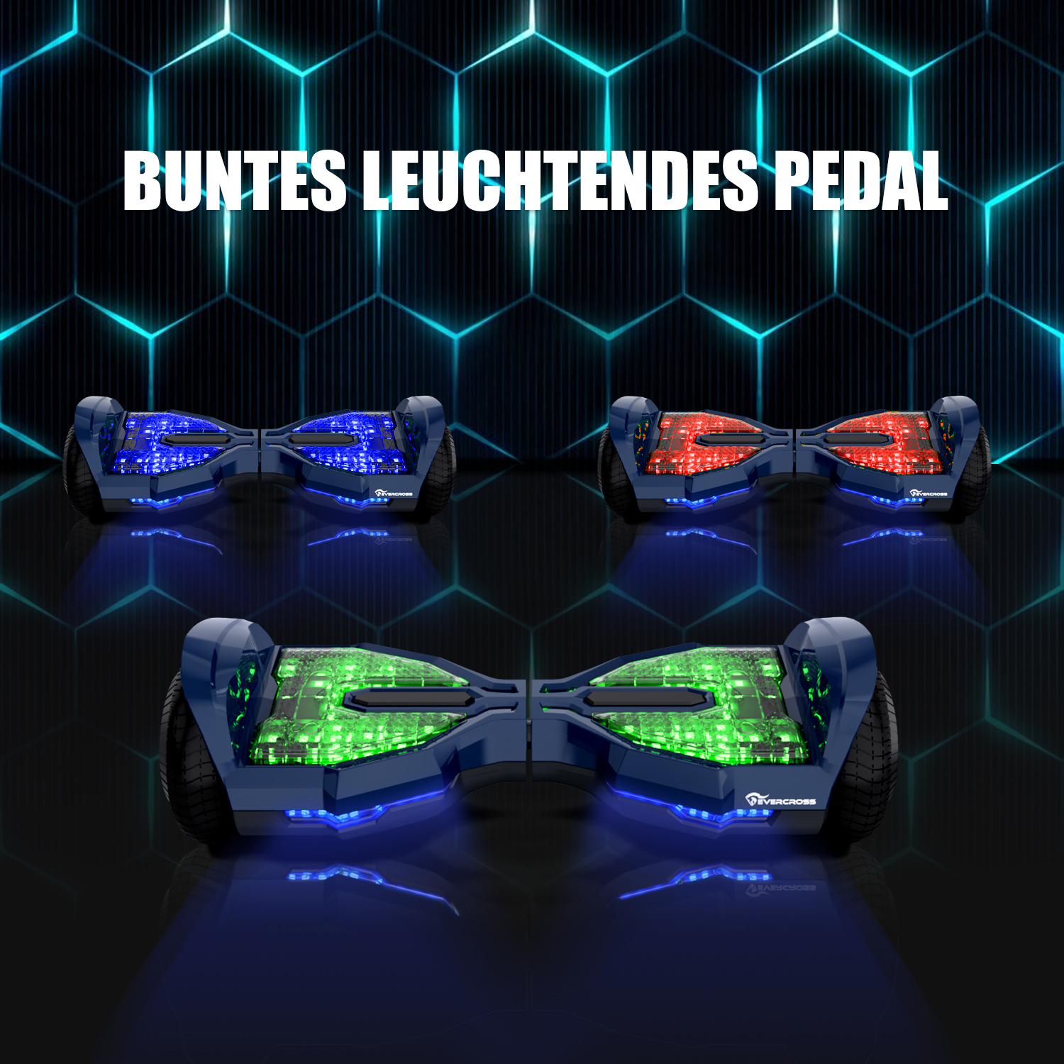 Hoverboards in Blau, Rot und Grün mit farbenfroher Beleuchtung auf blauem Grund.