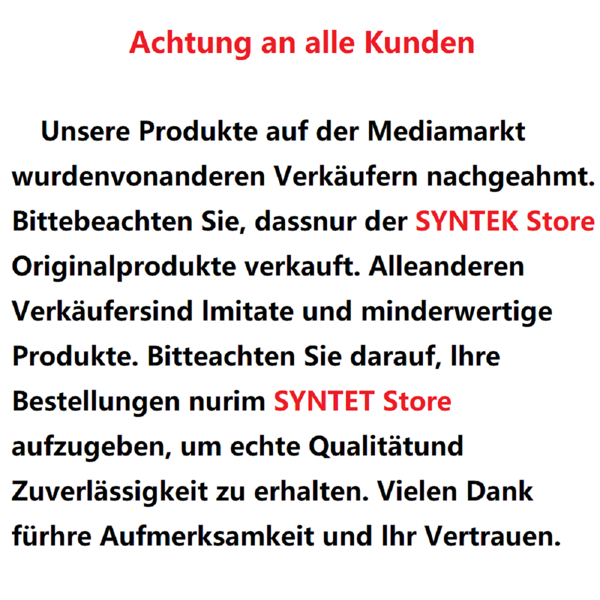 Text warnt vor gefälschten Produkten und fordert Käufe im SYNTEK Store.