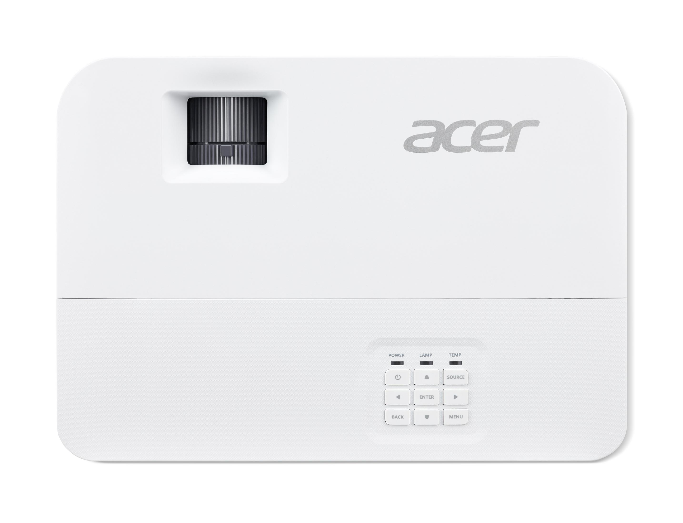 Biały projektor Acer. Posiada przyciski sterowania i logo Acer na górze.