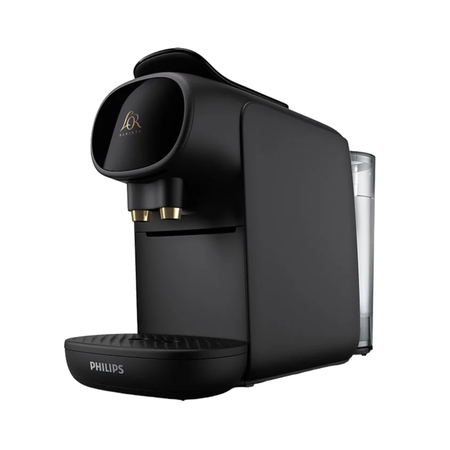 Macchina da caffè nera. Marchio L'OR Barista. Dettagli dorati. Serbatoio dell'acqua a destra. Logo Philips.