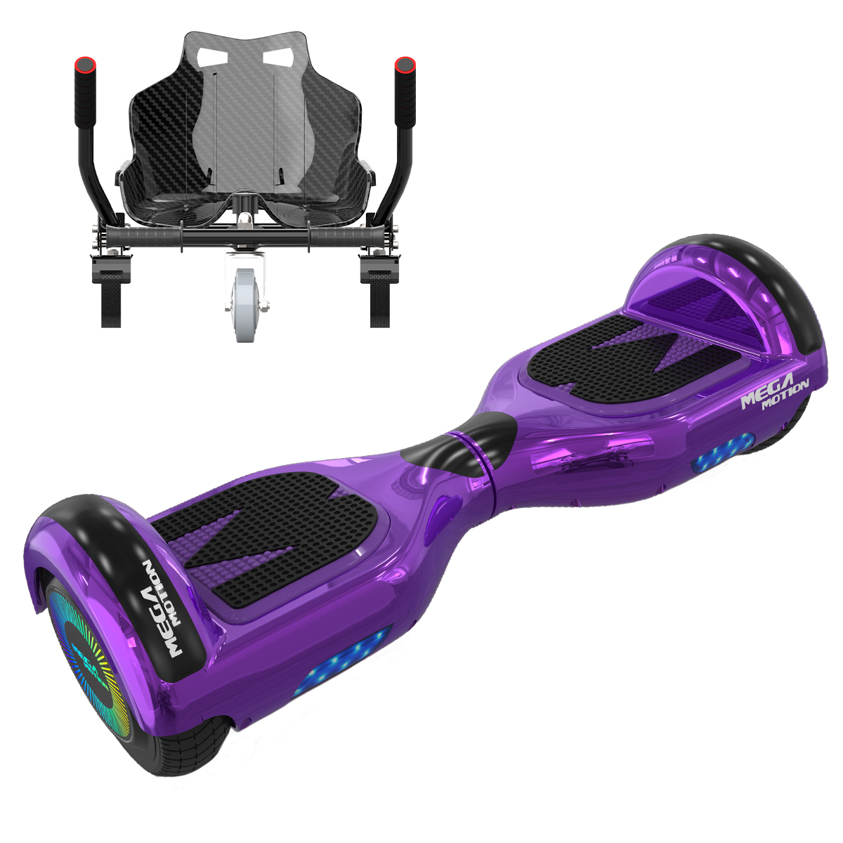 Lila Hoverboard und schwarzer Go-Kart-Aufsatz; schwarzer Sitz, Griffe und Räder sichtbar.