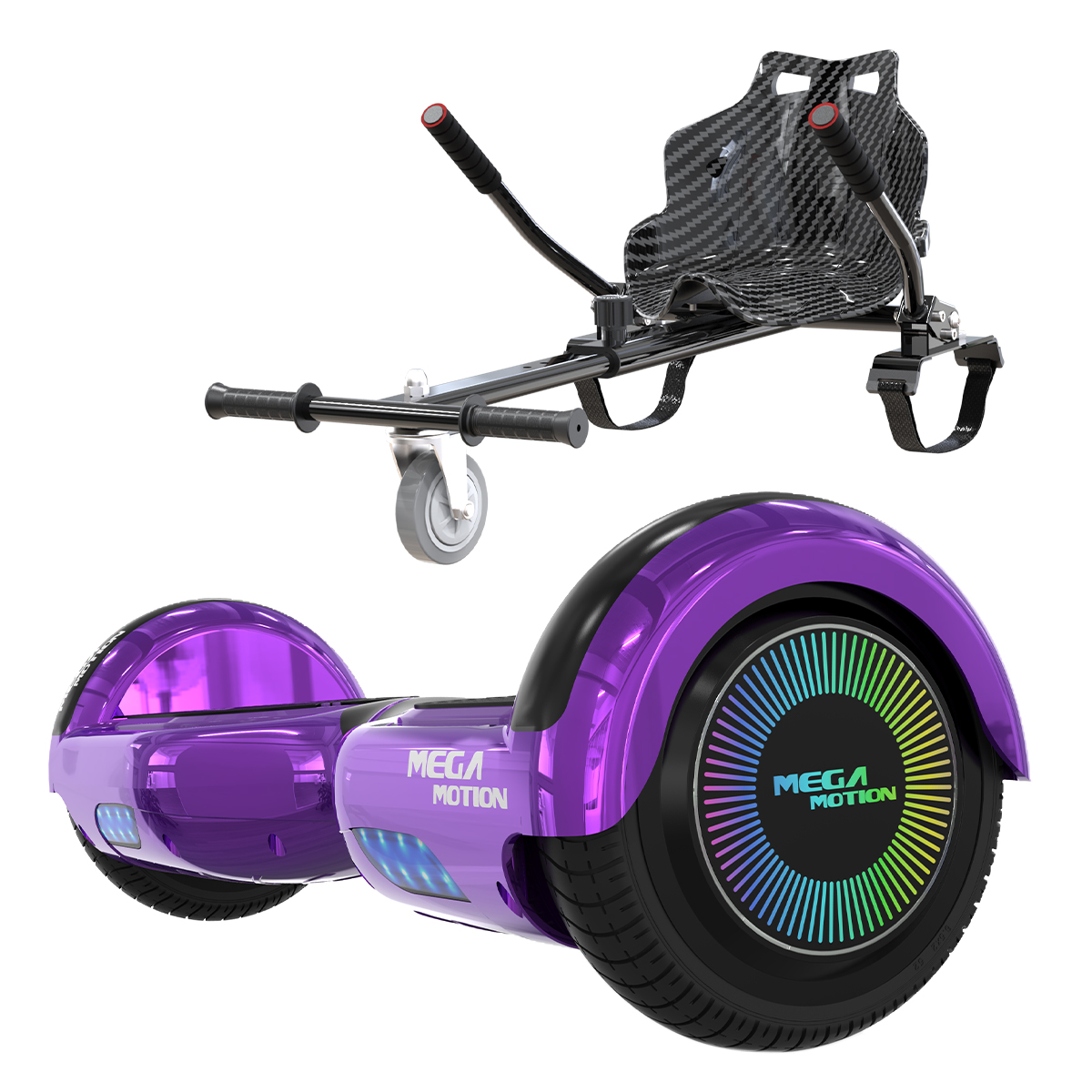 Ein lila Hoverboard und ein Sitzaufsatz. Hoverboard hat mehrfarbige LED-Lichter und die Worte 'MEGA MOTION'.