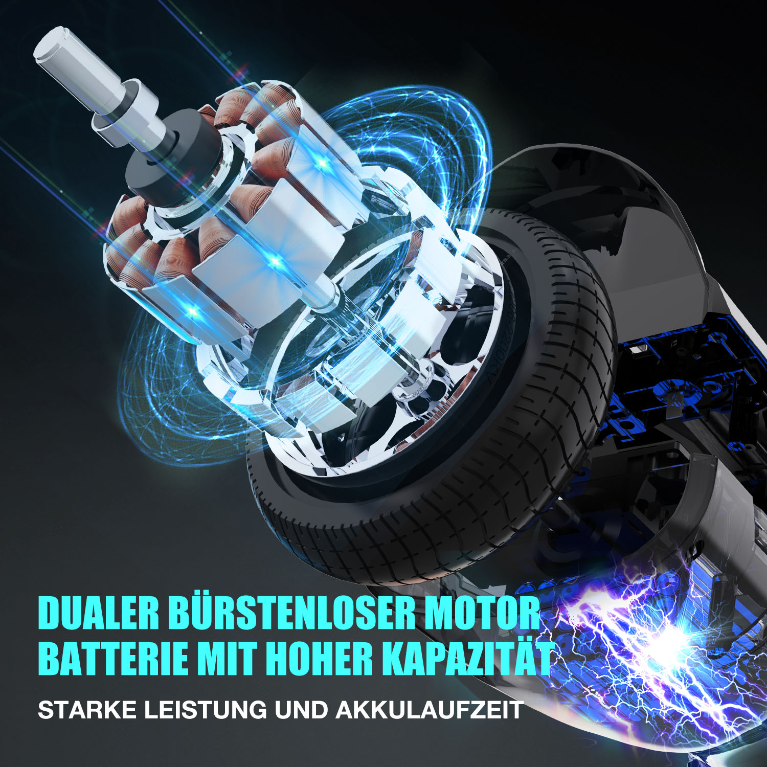 Nahaufnahme eines E-Scooter-Motors. Text hebt Dualmotor und hohe Batteriekapazität hervor.