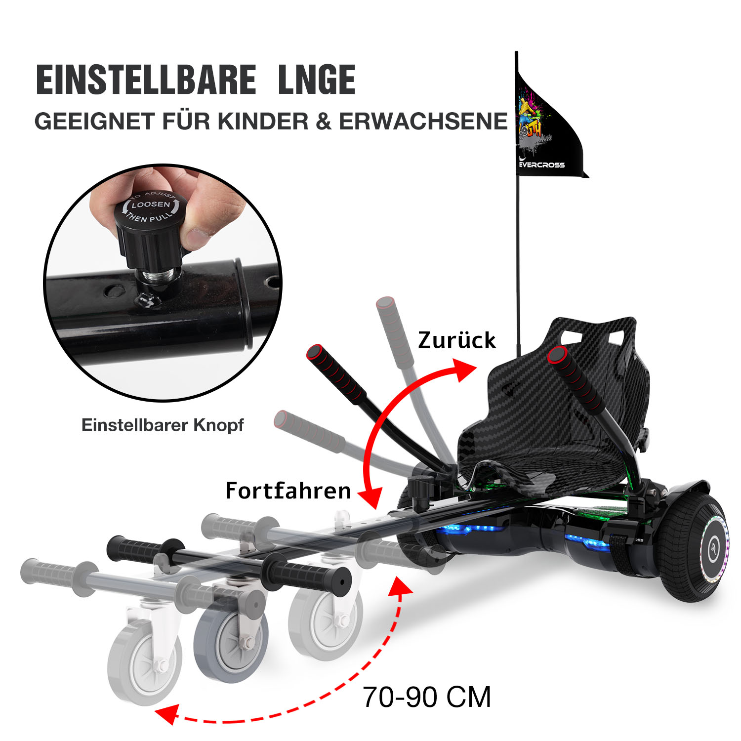 Ein schwarzes Hoverboard mit Flagge. Das Bild zeigt, wie man den Sitz einstellt.