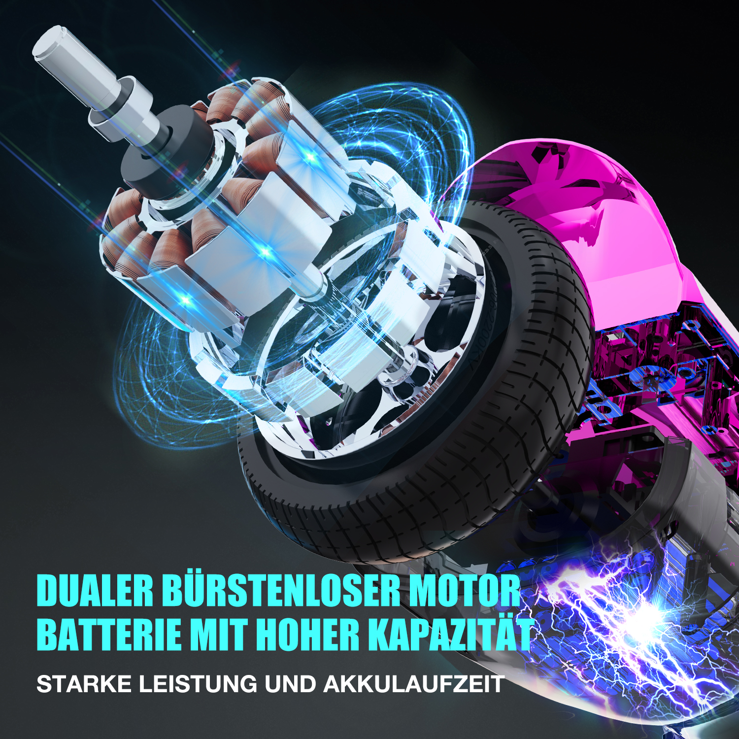 Rosa-schwarzes Gerät mit Text. Dualer bürstenloser Motor, Akku hoher Kapazität, starke Leistung.