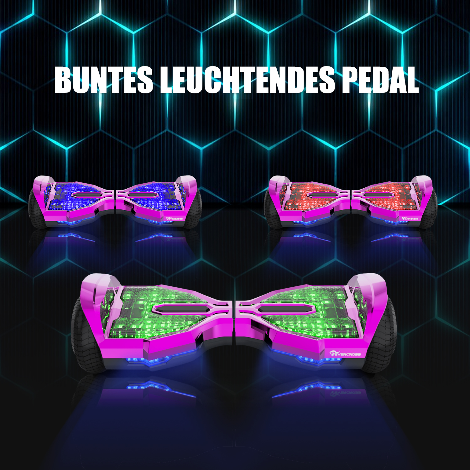 Drei pinkfarbene Hoverboards mit bunten Lichtern werden gezeigt. Der Hintergrund ist ein Sechseckmuster.