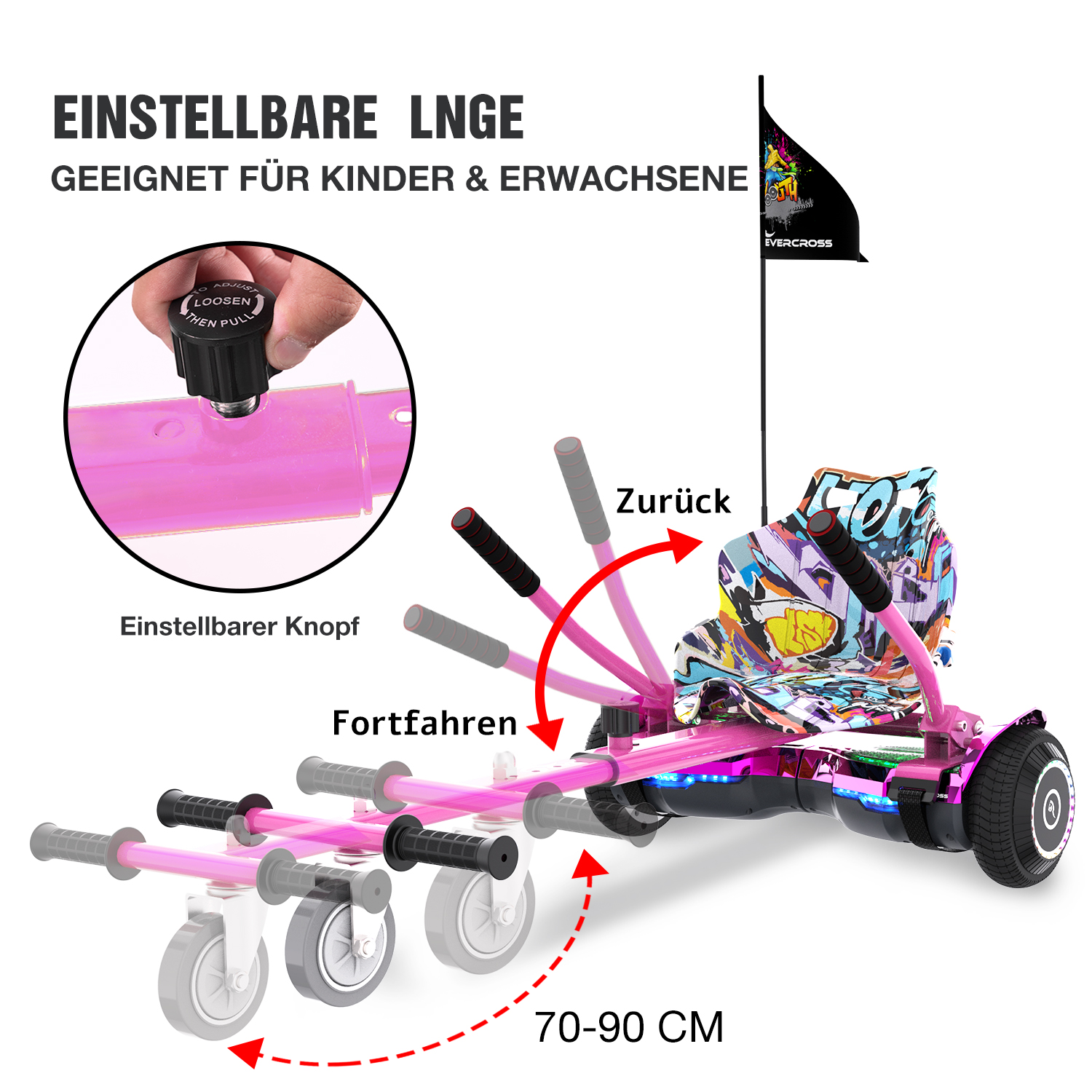 Rosa Gokart mit Anweisungen zum Einstellen und Fahren. Weißer Hintergrund.