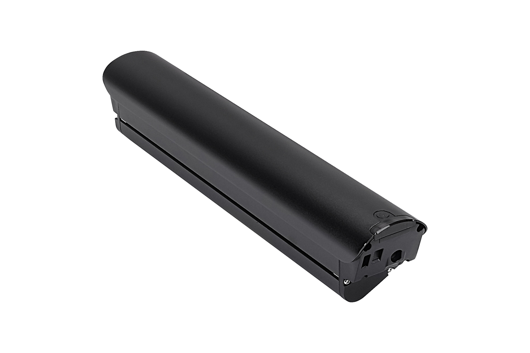 Eine schwarze Batterie mit schwarzer Ober- und Unterseite und weißem Hintergrund.