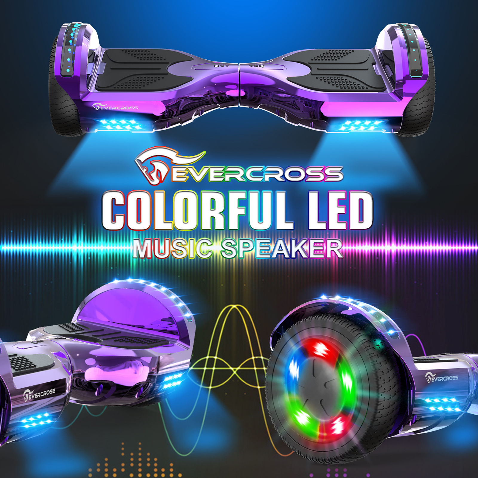 Ein Hoverboard mit bunten LED-Leuchten, mit dem Wort EVERCROSS. Der Hintergrund ist dunkel mit bunten Lichtwellen.