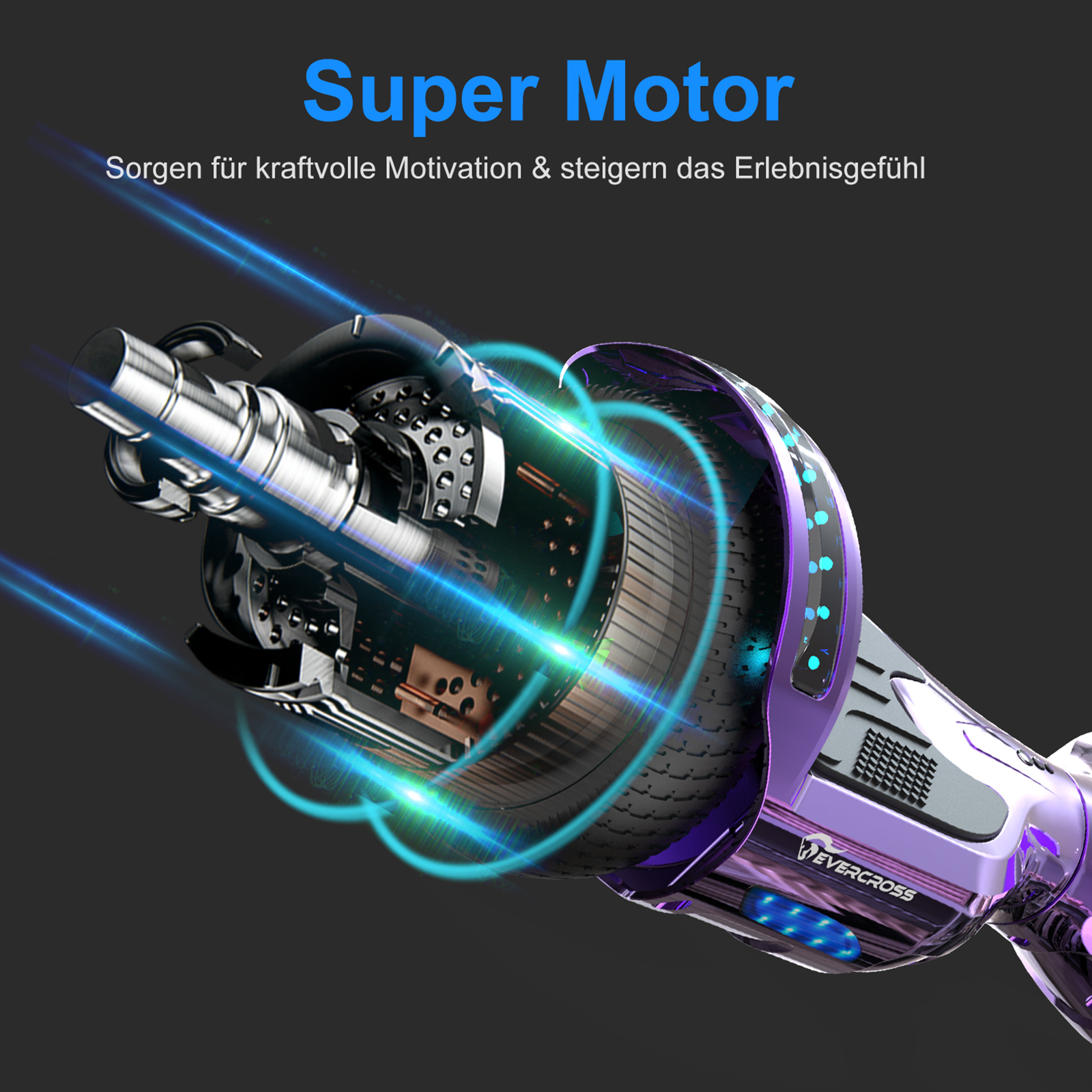 Nahaufnahme eines Hoverboard-Motors mit Text 'Super Motor' und blauen Lichteffekten.