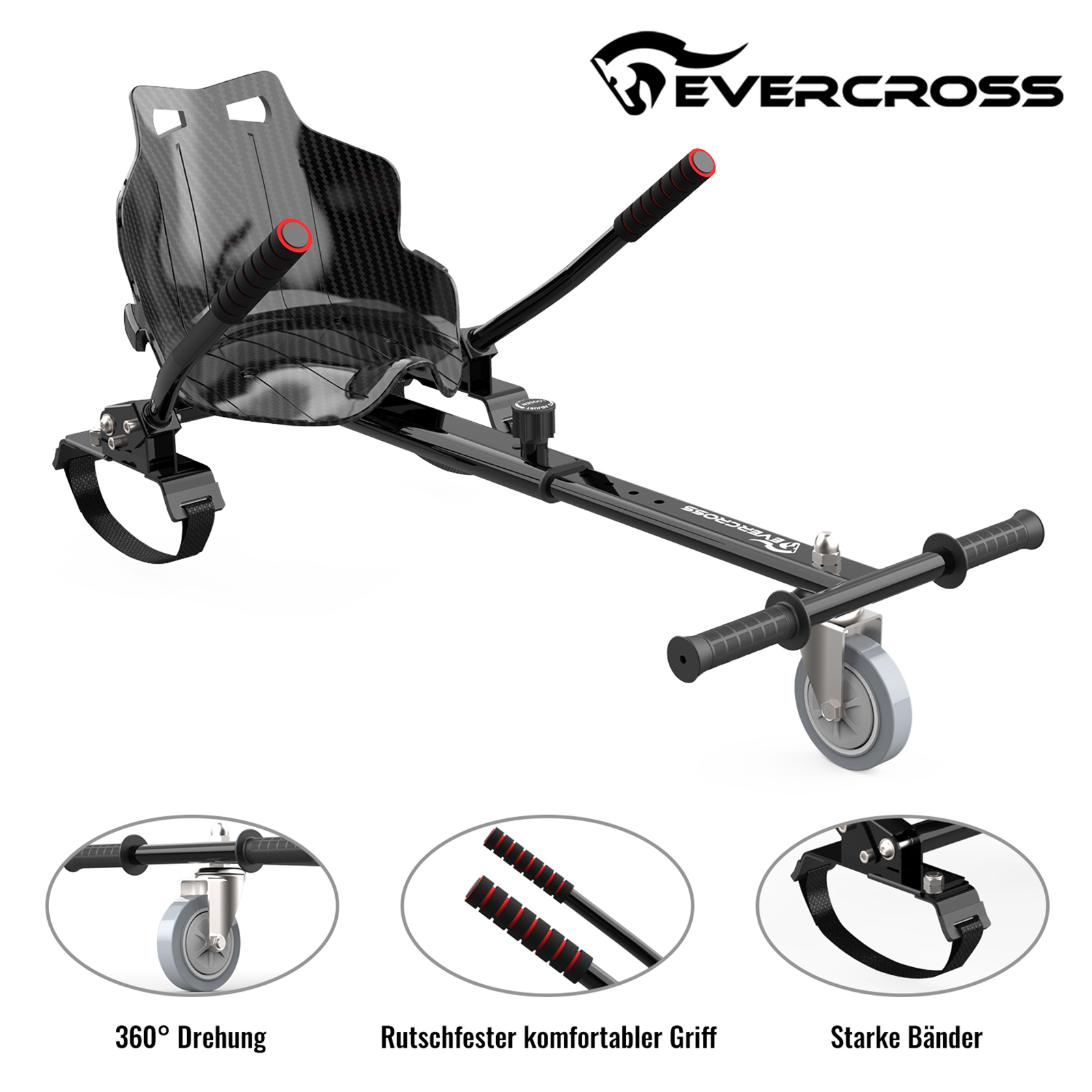 Schwarzer Evercross-Roller mit roten Akzenten, Seitenrädern und Detailbildern.