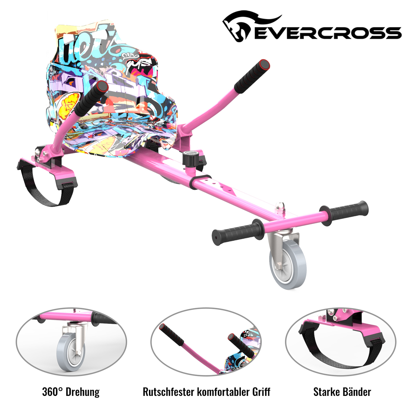 Pinkfarbener Roller mit Sitz im Graffiti-Stil, Details von Rädern und Griffen.