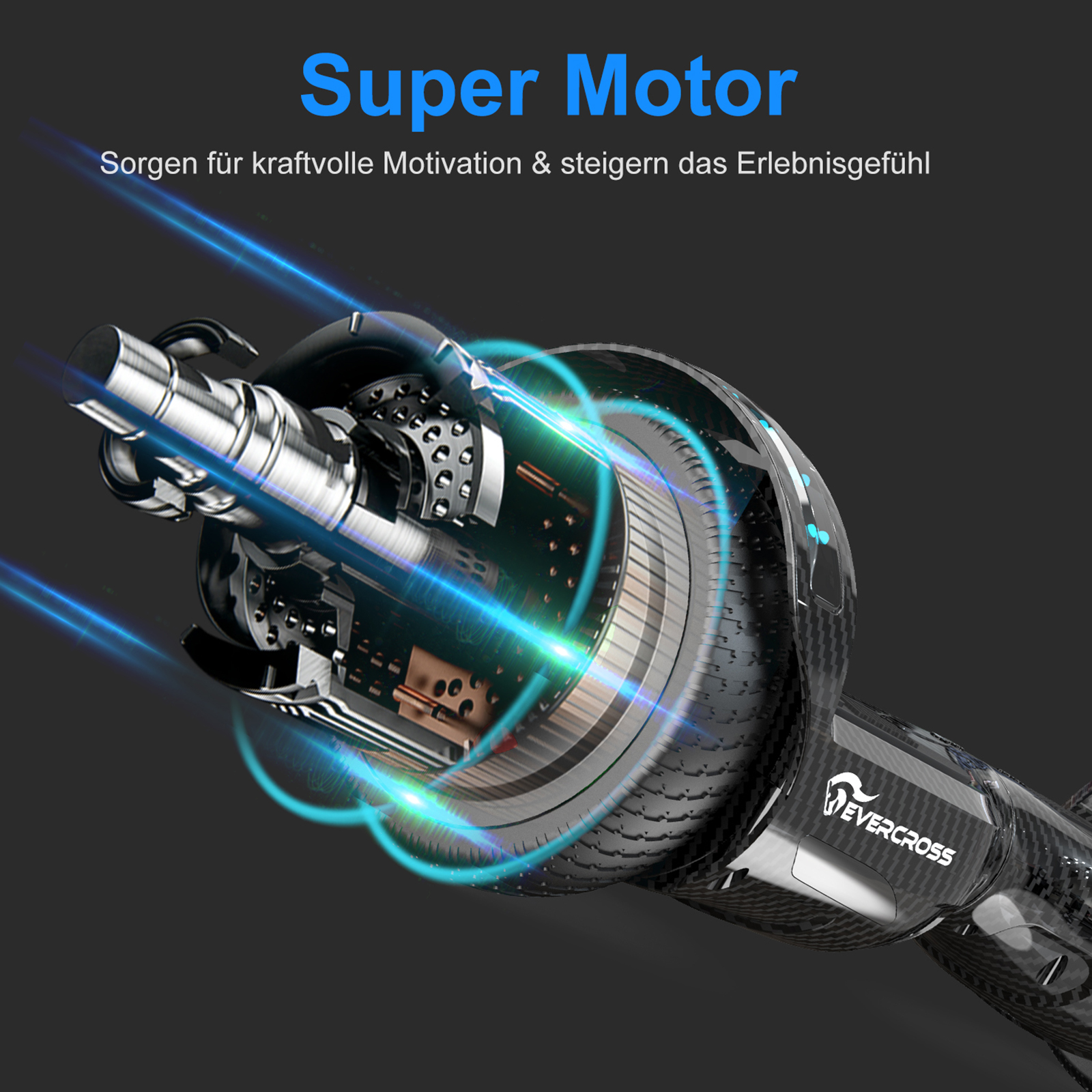 Nahaufnahme eines schwarzen Motors mit blauen Lichtern und dem Wort "EVERCROSS".